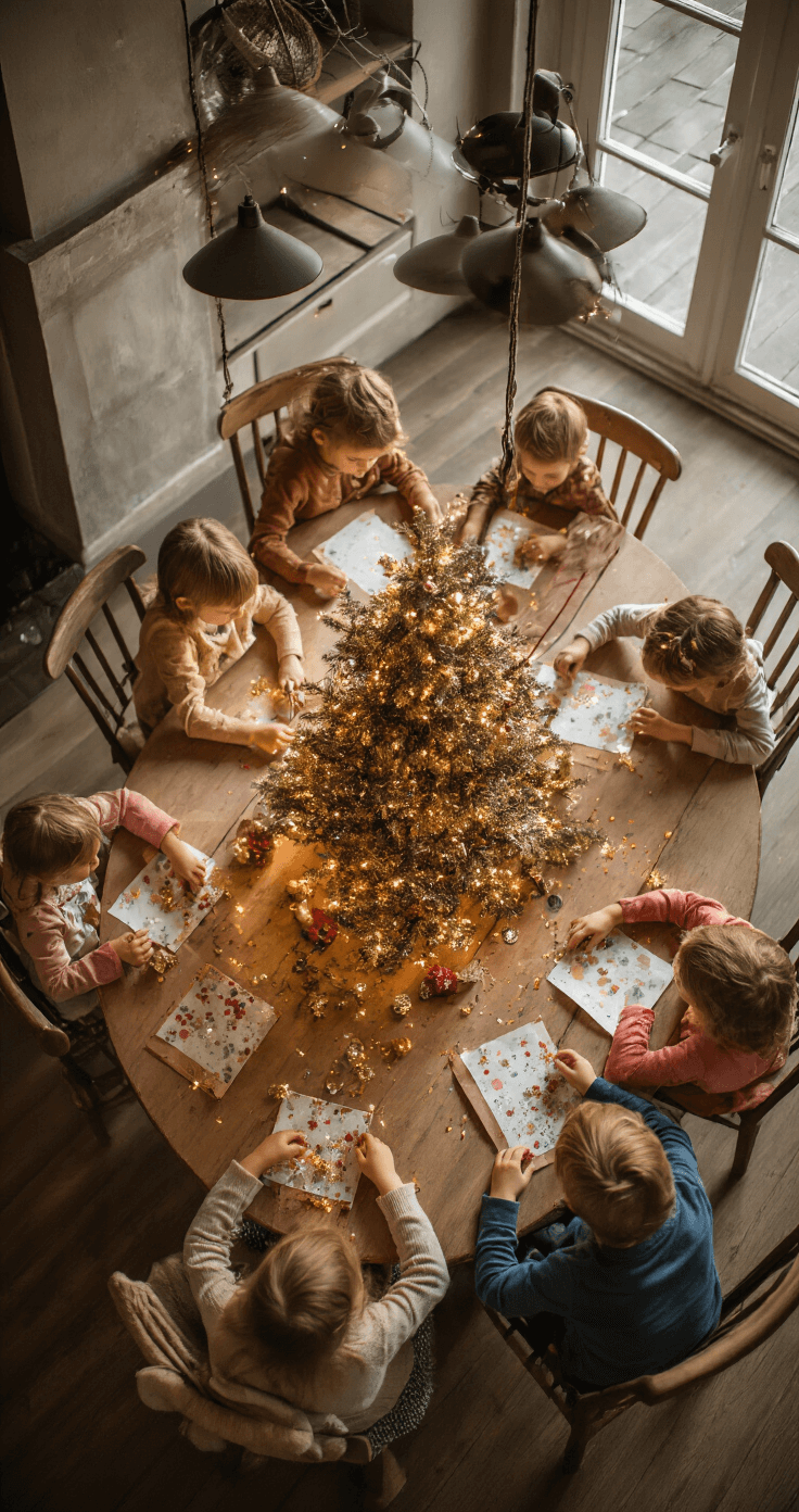 Kerst Knutselen met Kinderen: Magische Momenten Maken Drie kinderen zitten rond een oude houten tafel in een knusse eetkamer, versieren papieren kerstbomen met glitters en kleine decoraties. De warme plafondspots zorgen voor een intieme sfeer, terwijl hun geconcentreerde gezichten stralen van creativiteit. Het is een zij-aan-zij opname op tafelhoogte met dramatische spotverlichting.