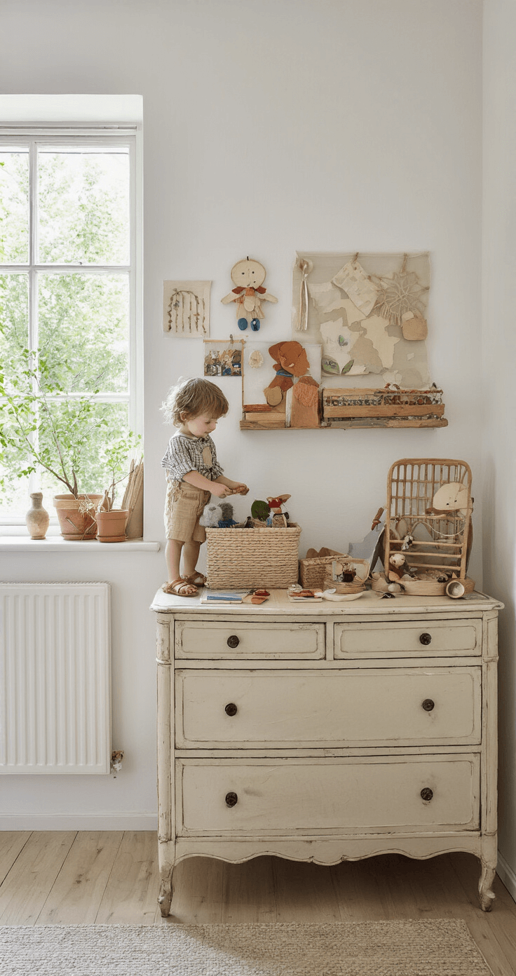 Kerst Knutselen met Kinderen: Magische Momenten Maken Een kind fotografeert trots zijn knutselwerken tegen een witte muur in een gezellige hobbykamer, met zelfgemaakte decoraties op een vintage dressoir en natuurlijk licht dat door een dakraam valt.
