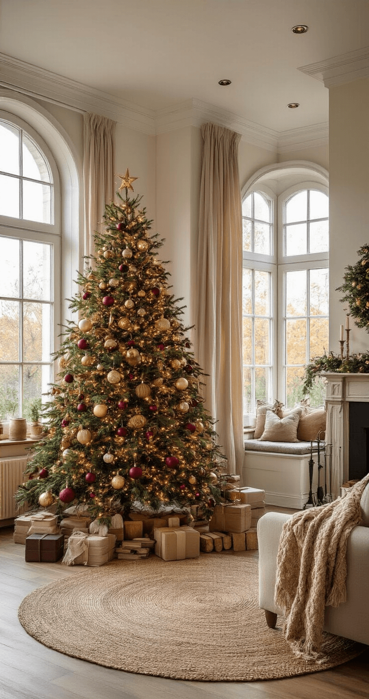 Creëer de Perfecte Kerstsfeer in Je Woonkamer: Een Stapsgewijze Gids Een gezellige woonkamer tijdens het gouden uur met een grote kerstboom en warme verlichting, vintage kerstballen, een crèmekleurige hoekbank en een open haard.