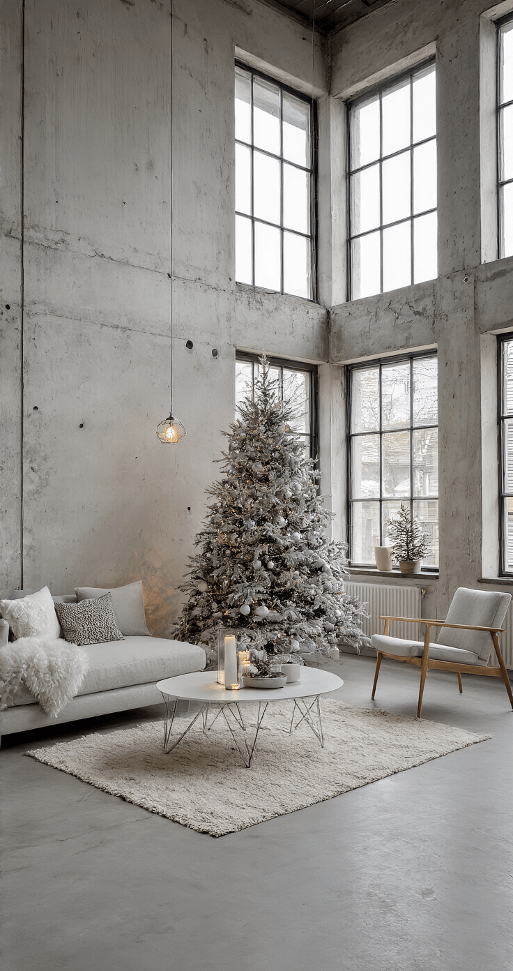 Creëer de Perfecte Kerstsfeer in Je Woonkamer: Een Stapsgewijze Gids Minimalistische woonkamer met hoge plafonds, industriële details en daglicht. Een elegante witte kerstboom met zilveren en ijsblauwe decoraties voor een betonnen wand, omringd door Scandinavische meubels. Geometrische kerstornamenten, LED-snoeren en moderne kaarsenstandaards versterken de urban chic sfeer met een Nordic touch.