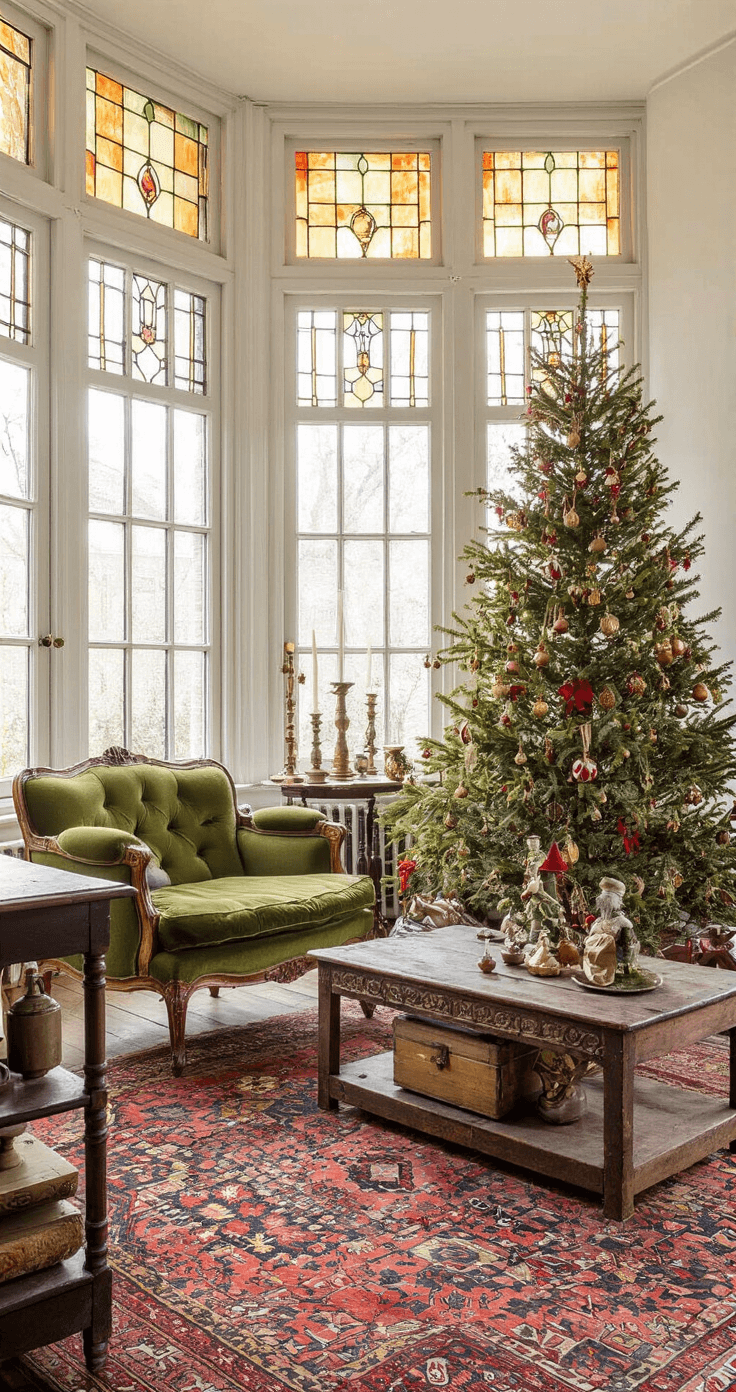 Creëer de Perfecte Kerstsfeer in Je Woonkamer: Een Stapsgewijze Gids Kenmerkende jaren '30 woonkamer met erker en glas-in-lood ramen, verlicht door ochtendlicht. Een klassieke kerstboom met antieke decoraties in rood, groen en goud staat centraal, omringd door mosgroene velours fauteuils en vintage koperen accessoires. Handgeknoopte Perzische tapijten in warme tinten sieren de vloer, terwijl een charmant kerstdorp met miniatuurverlichting op een antiek dressoir is opgesteld. Het dramatische perspectief vanuit de erker benadrukt de nostalgische en luxueuze sfeer.
