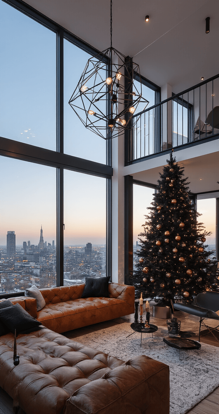 Creëer de Perfecte Kerstsfeer in Je Woonkamer: Een Stapsgewijze Gids Moderne loft-stijl woonkamer met hoge ramen, zwarte kerstboom met koperen decoraties en design meubilair, bij avondschemering en stadse lichten op de achtergrond.