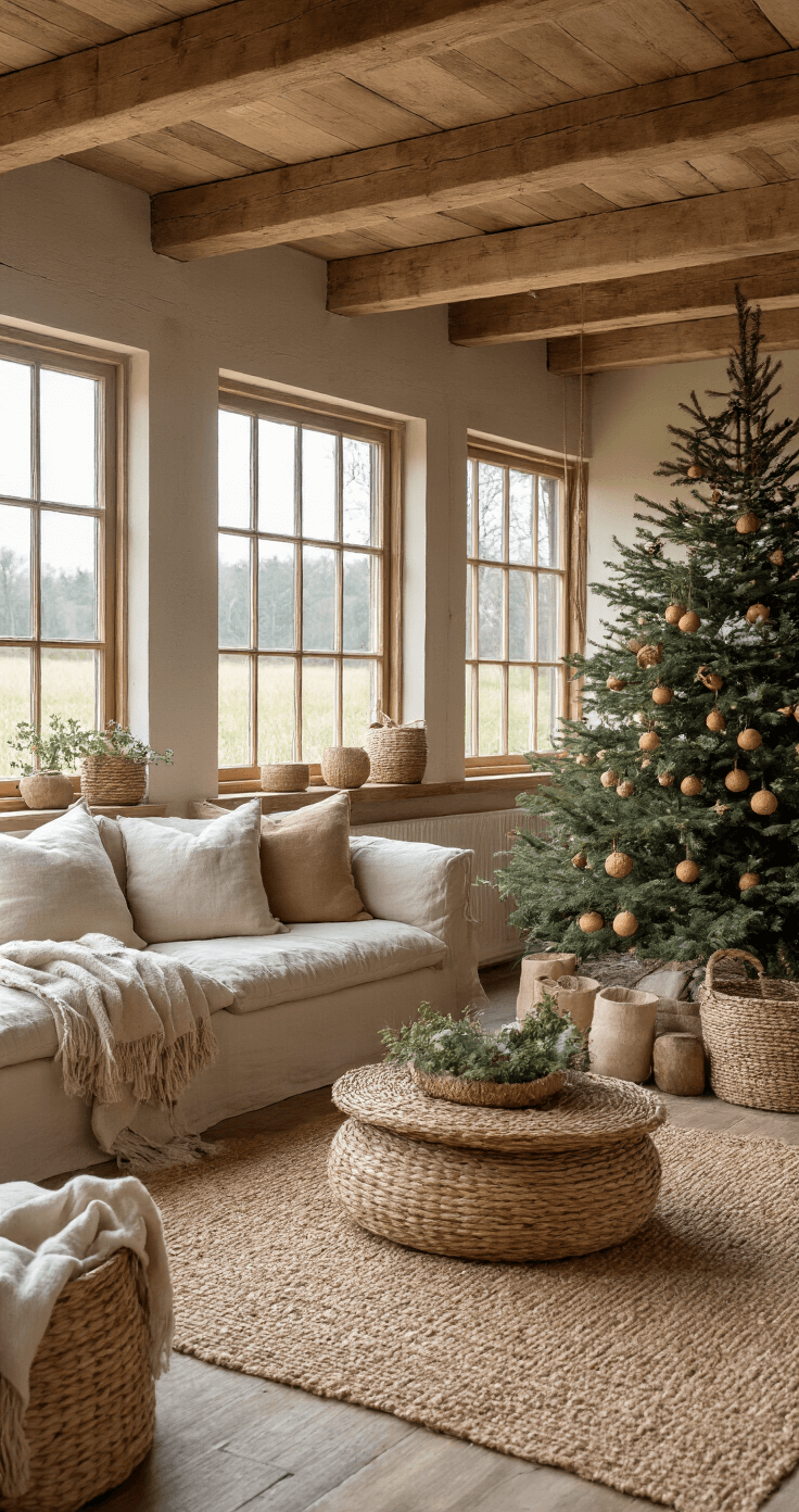 Creëer de Perfecte Kerstsfeer in Je Woonkamer: Een Stapsgewijze Gids Knusse woonkamer in boerderij-stijl met houten balken, natuurlijk licht, rustieke kerstboom versierd met dennenappels en gedroogde sinaasappels, linnen banken en rieten manden met dekens.