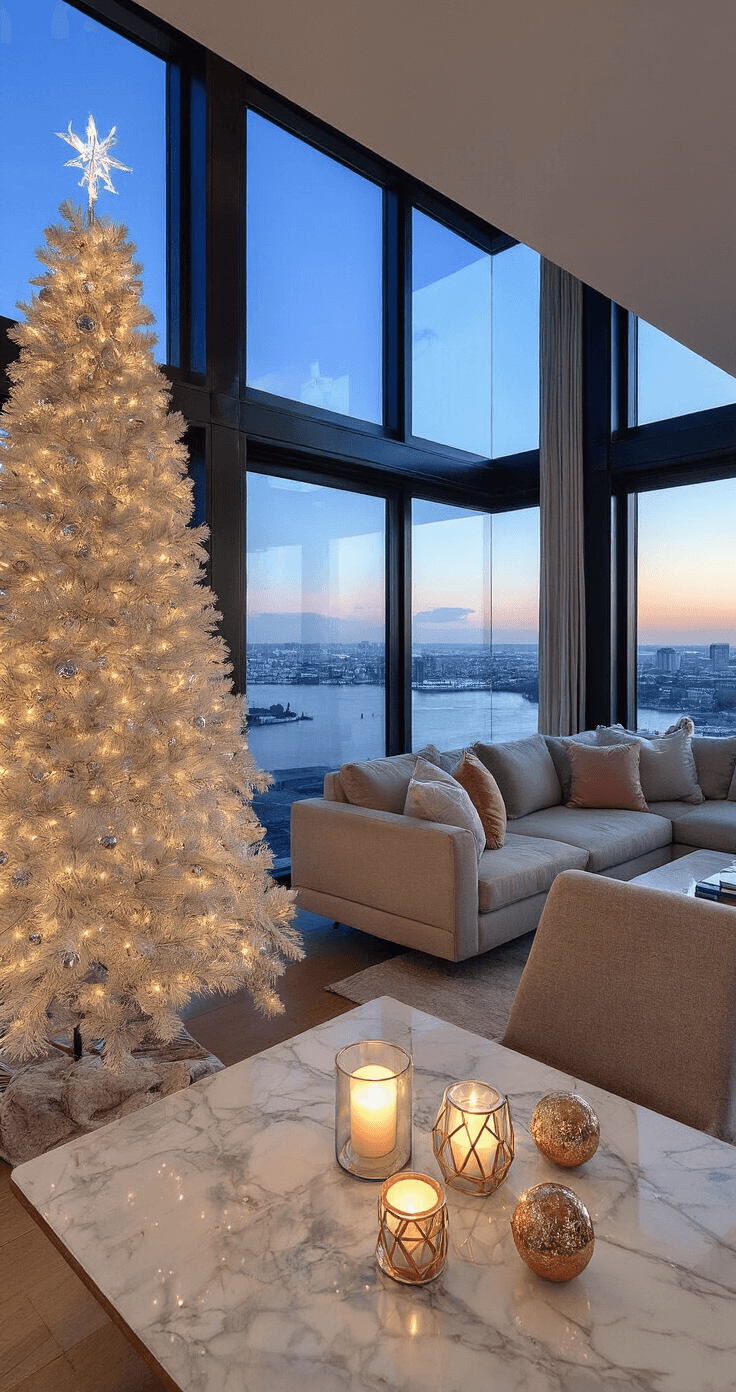 Creëer de Perfecte Kerstsfeer in Je Woonkamer: Een Stapsgewijze Gids Moderne woonkamer in blauwe uurtje, met uitzicht op de horizon. Slank kerstboom in wit en roségoud, greige loungebank, marmeren salontafel en geometrische kaarsenhouders. Zijden kussens met glans, reflecties in het raam. Sfeer van verfijnde glamour.