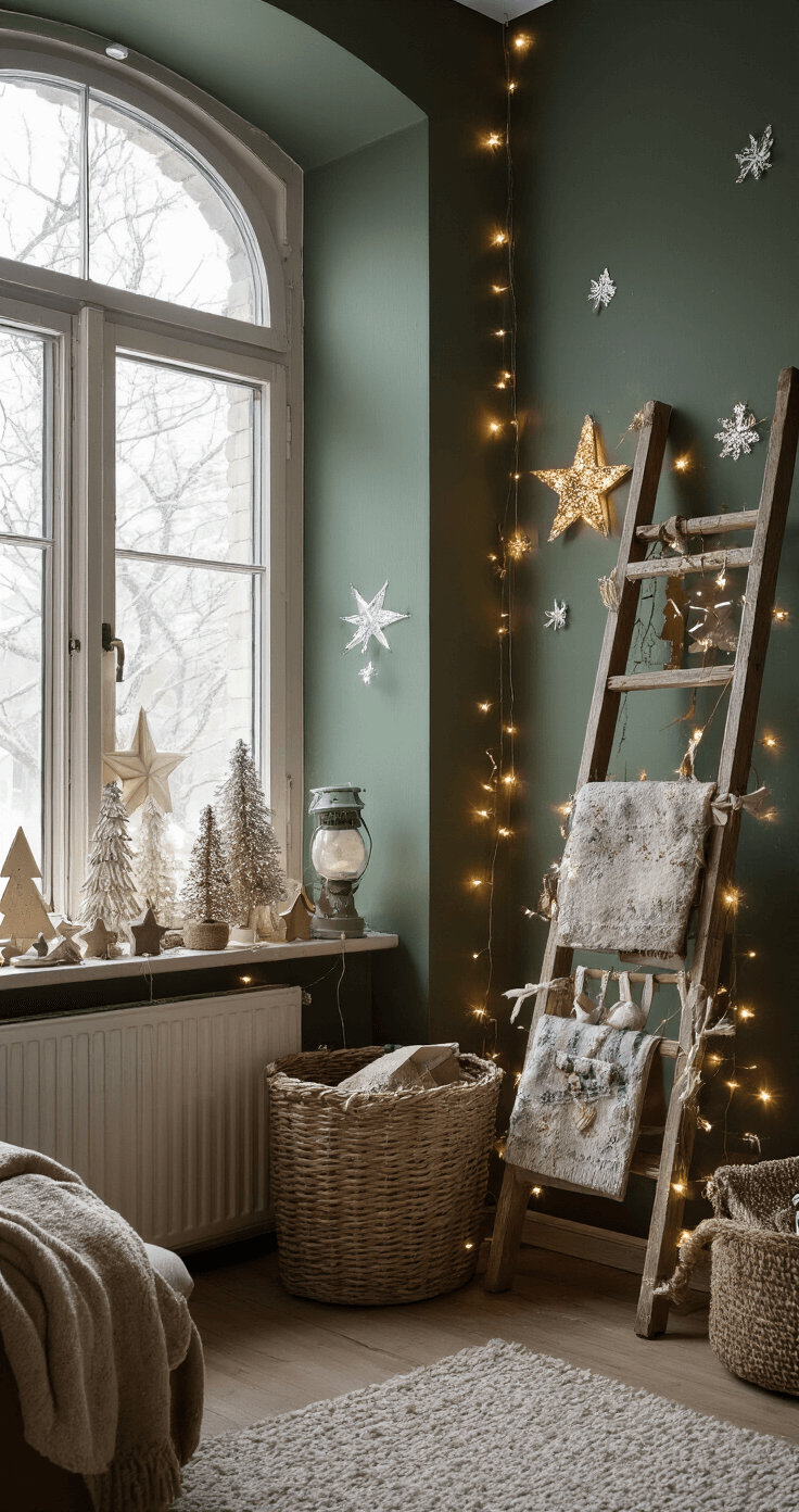 Kerst Knutselen: Magische Creatieve Momenten met Kinderen Gezellige zithoek met erker in schemerlicht, oude ladder vol kinderknutsels zoals papieren kerstbomen en sterren, grijsgroene muren en warme ledverlichting, dramatisch perspectief.