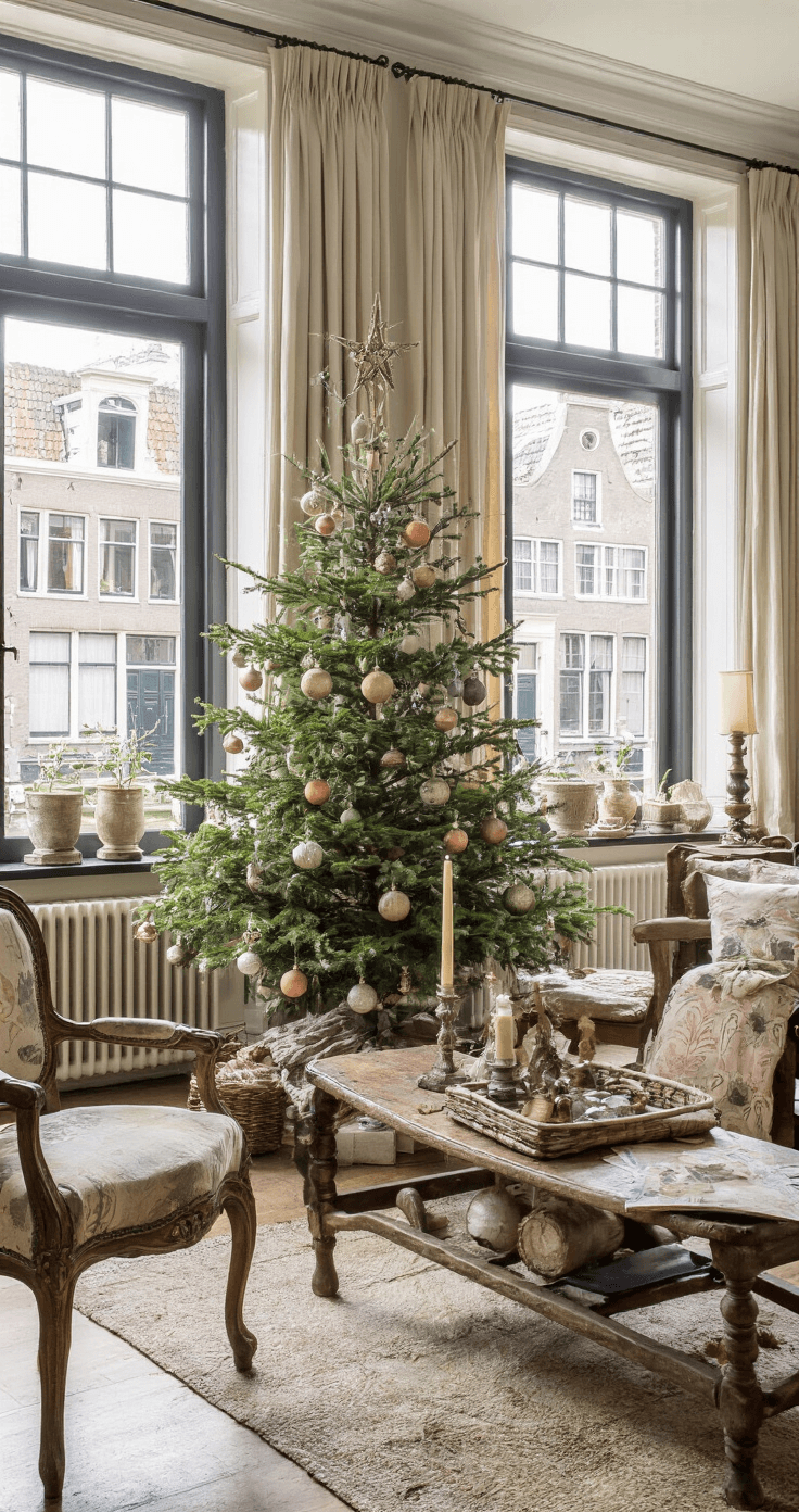 Creëer de Perfecte Kerstsfeer in Je Woonkamer: Een Stapsgewijze Gids Authentieke woonkamer in een grachtenpand met hoge ramen, verrijkt met een Franse kerstboom versierd met vintage glazen ornamenten in pastelkleuren, antieke meubels en een kristallen kroonluchter.