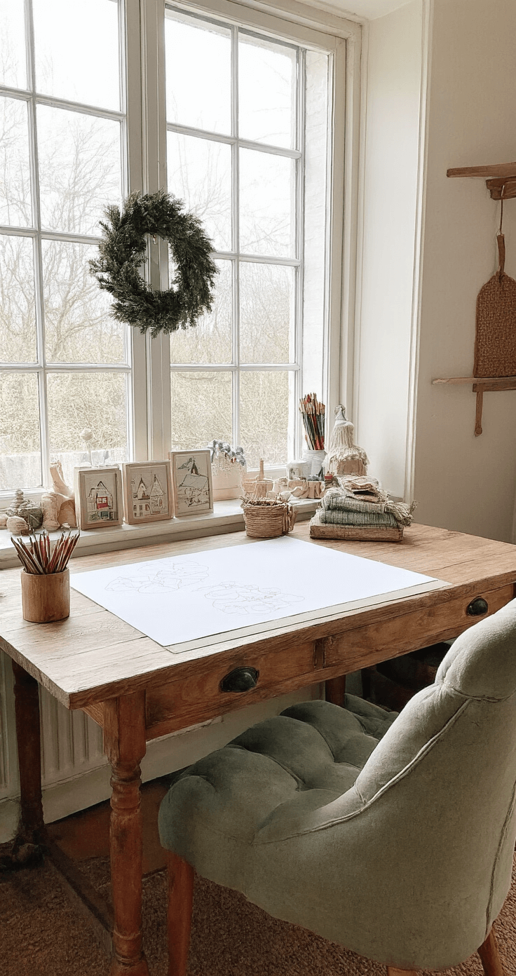 Hoe Teken Je een Perfecte Kerstboom: Een Stap-voor-Stap Gids voor Beginners Gezellige hobbykamer met vintage tekentafel, kleurpotloden en kersttekeningen, verlicht door zacht daglicht, met ingelijste botanische prints op de muren.