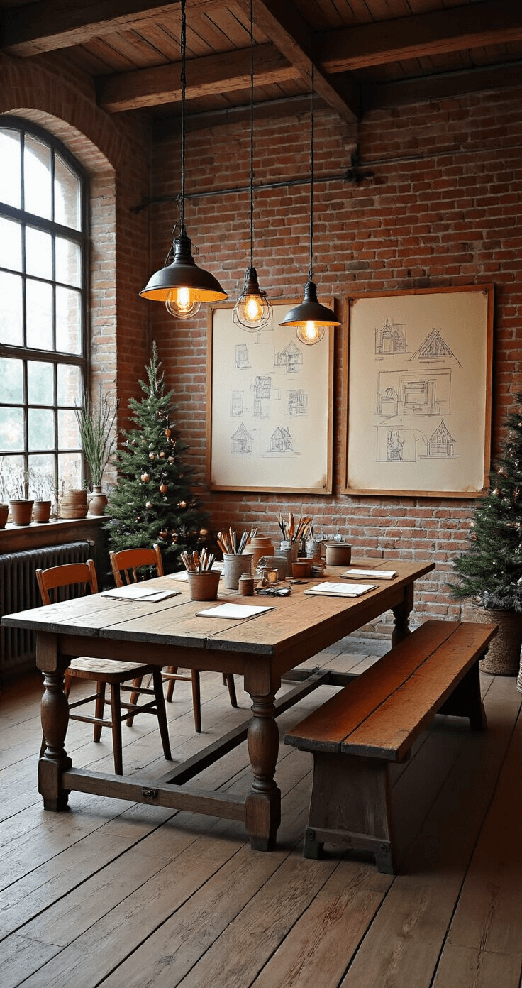 Hoe Teken Je een Perfecte Kerstboom: Een Stap-voor-Stap Gids voor Beginners Een rustieke woonkamer met een kerst-tekenworkshop setup, inclusief een lange houten tafel voor zes personen, verlicht door industriële hanglampjes. De tafel is gedekt met diverse tekenmaterialen in vintage metalen bakjes, terwijl grote schoolborden met stap-voor-stap tekeningen aan de muur hangen, alles op een warme houten vloer met een exposed bakstenen muur en een grote raampartij, gefotografeerd vanuit een vogelperspectief.