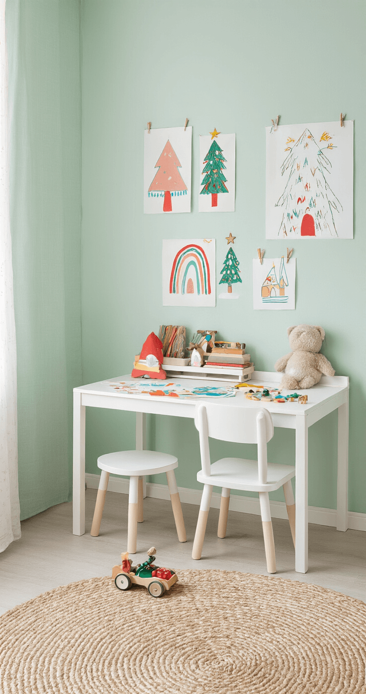 Hoe Teken Je een Perfecte Kerstboom: Een Stap-voor-Stap Gids voor Beginners Een creatieve kinderrechter met een lage witte werktafel en twee kleine stoeltjes, omringd door kleurrijke kersttekeningen en tekenmateriaal. De muren zijn zacht mintgroen met kindertekeningen in regenboogkleurige frames. Zacht middaglicht valt door vitrage naar binnen.