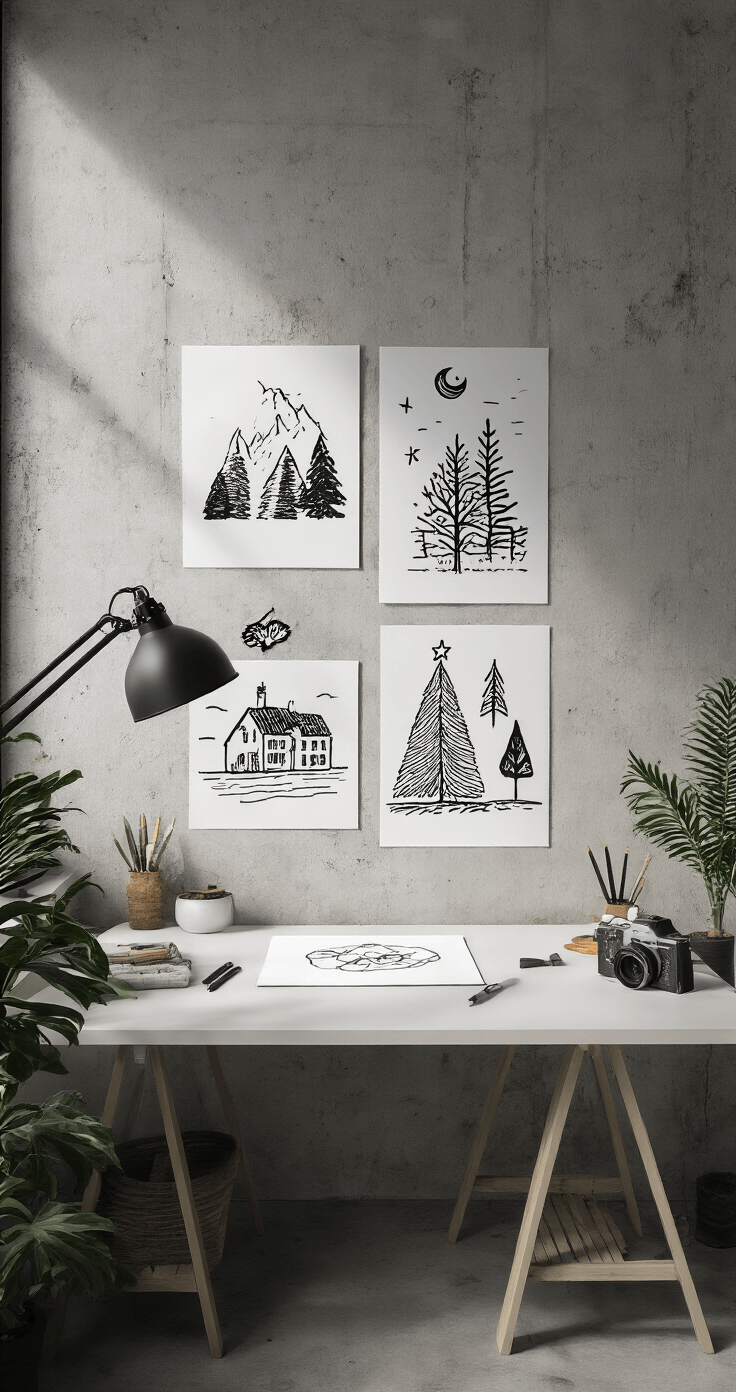 Hoe Teken Je een Perfecte Kerstboom: Een Stap-voor-Stap Gids voor Beginners Moderne thuisstudio van 5x5 meter met een minimalistische witte tekentafel, belicht door professionele studioverlichting. De betonnen wand heeft grafische zwart-wit posters met groene plantaccenten. Opgeruimde werkplek met designaccessoires, gezien vanuit een schuin bovenaanzicht.