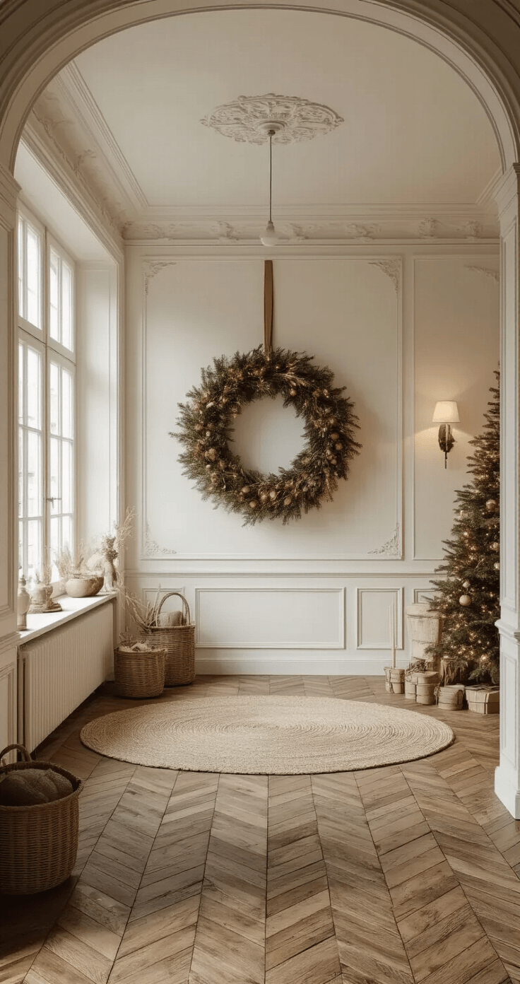 Kerst Knutselen: Magische Creatieve Momenten met Kinderen Een hal met hoog plafond, klassiek ingericht, met een handgemaakte adventskrans aan een witte muur en warme indirecte verlichting. De vloer van verweerd eikenhout is bedekt met een vintage loper.