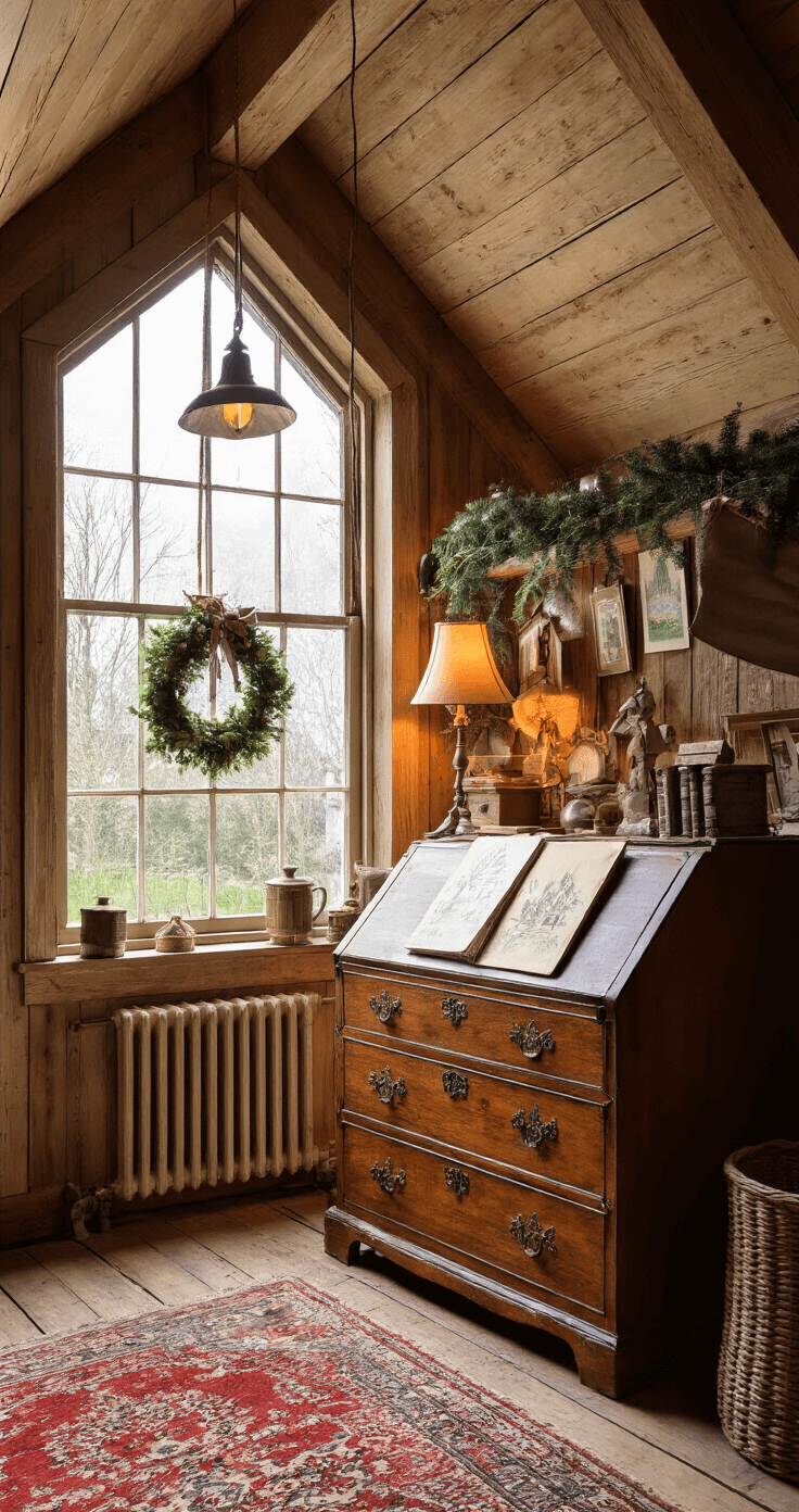 Hoe Teken Je een Perfecte Kerstboom: Een Stap-voor-Stap Gids voor Beginners Knusse zolderkamer met schuin dak en dakraam, waar winterlicht op een vintage secretaire valt. Handgetekende kerstkaarten hangen aan touwtjes met knijpers. De ruimte heeft een oude houten vloer met Perzische tapijten en koperaccessoires, verlicht door een warme staande lamp, gefotografeerd vanuit een laag perspectief.