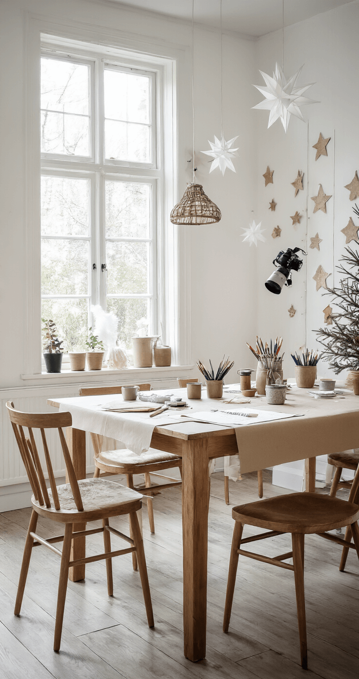 Hoe Teken Je een Perfecte Kerstboom: Een Stap-voor-Stap Gids voor Beginners Lichte eetkamer omgevormd tot feestelijk tekenatelier met een grote eettafel bedekt met kraftpapier, potten vol pennen en potloden, en stapels tekenpapier. Kerstversiering en hangende papieren sterren sieren de wanden. De Scandinavische inrichting met witte muren en houten details voegt warmte toe. Natuurlijk licht komt binnen via het erkerraam, terwijl een camera op een statief het totale tafellandschap vastlegt.