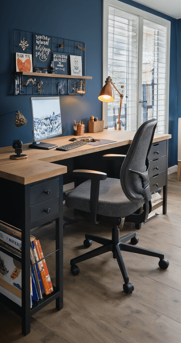 Hoe Teken Je een Perfecte Kerstboom: Een Stap-voor-Stap Gids voor Beginners Compacte thuiswerkplek in alcoof met ergonomische stoel, inspirerende kersttekeningen op een magnetisch prikbord, een kleine LED-bureaulamp en ingebouwde planken vol tekenboeken. Muren in diep nachtblauw met koperen accessoires, close-up van het werkblad met onscherpe achtergrond.