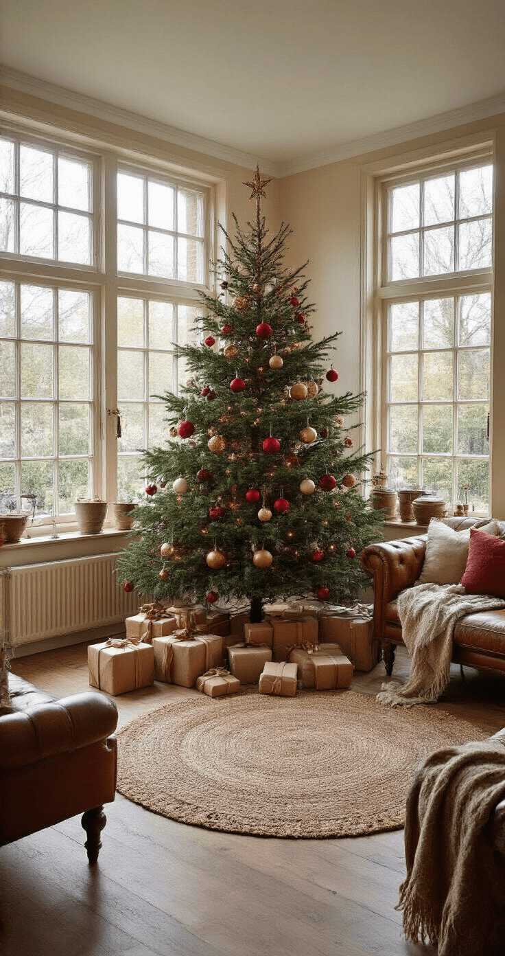 Kerst Thuisdecor: Creëer Een Magische Kerstsfeer in Slechts 2 Uur Ruime woonkamer in schemering met een kerstboom, handgemaakte pakjes, antieke leren bank en sfeervolle verlichting.