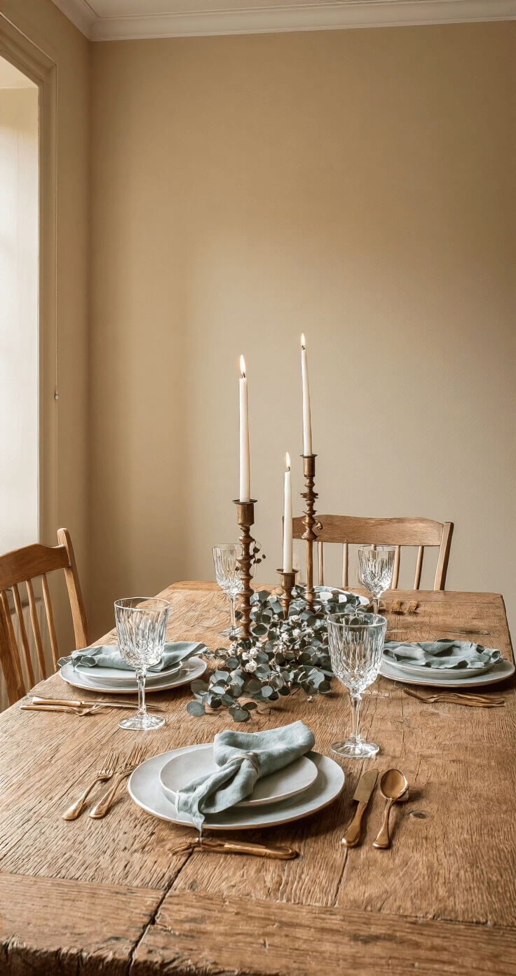 Kerst Thuisdecor: Creëer Een Magische Kerstsfeer in Slechts 2 Uur Intieme eetkamer met antieke eiken eettafel, gedekt met sageblauwe linnen servetten en gouden servies. Handgemaakte adventskrans met witte kaarsen en eucalyptus hangt boven de tafel. Kristallen wijnglazen vangen winterlicht. Warm greige muren met koperen wandornamenten en vintage spiegel. Contrast tussen glad kristal, ruw linnen en glanzend koper.