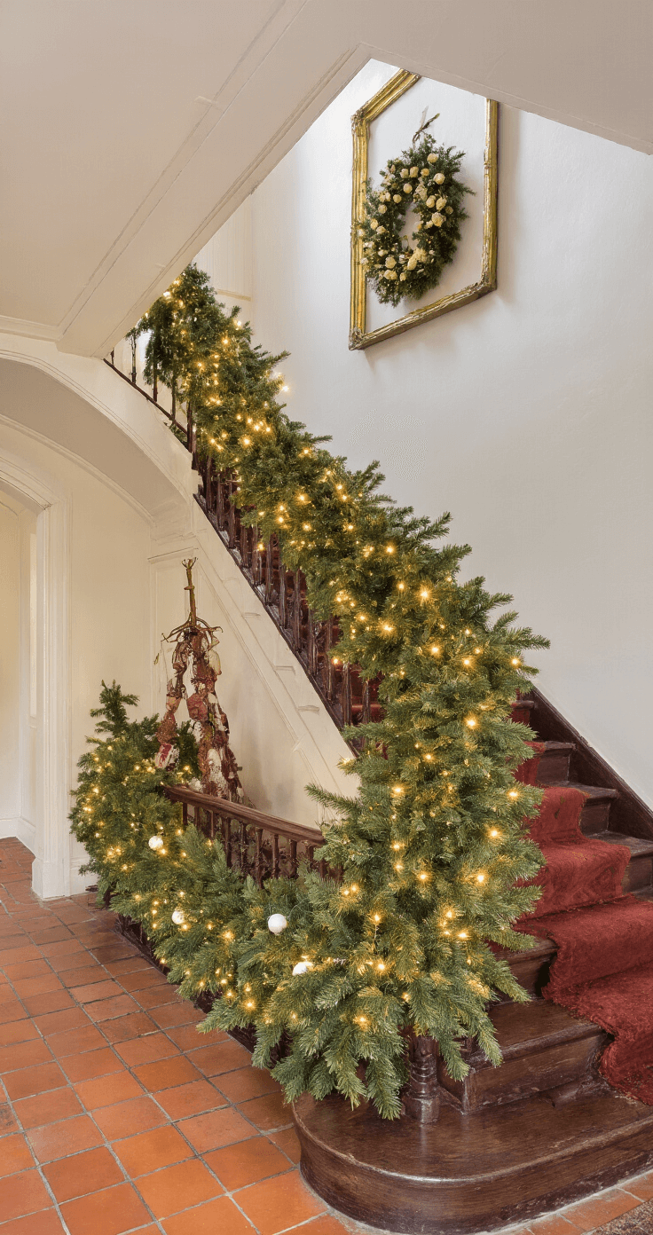 Kerst Thuisdecor: Creëer Een Magische Kerstsfeer in Slechts 2 Uur Monumentale hal met klassieke trap en kerstslinger, antieke kapstok met kerstkrans, terracotta tegelvloer en wandkandelaars, vastgelegd tijdens het gouden uur.