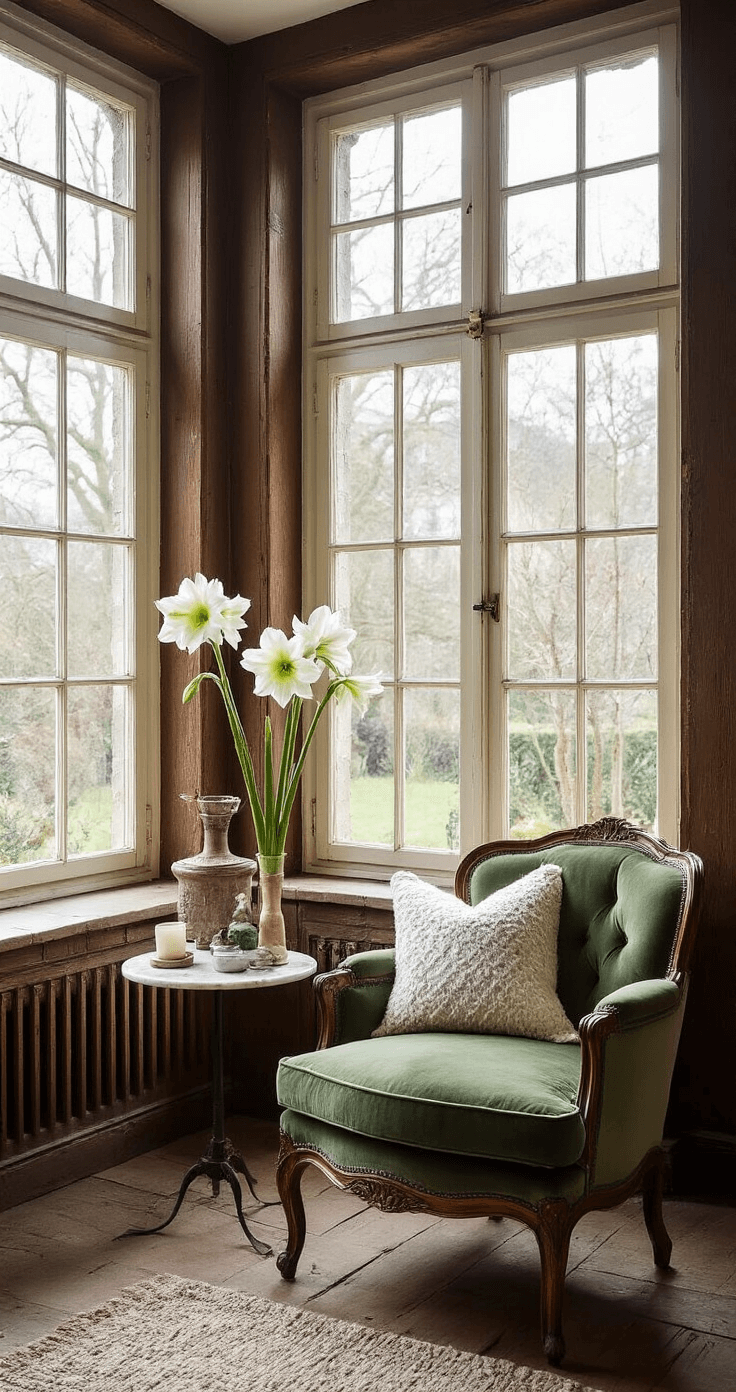 Kerst Thuisdecor: Creëer Een Magische Kerstsfeer in Slechts 2 Uur Knusse leeshoek met vintage mosgroene fauteuil, koperen vloerlampen, handgebreide kussens, marmeren bijzettafel met amaryllis, en wandplanken vol vintage kerstboeken en ornamenten in warme, intieme sfeer.