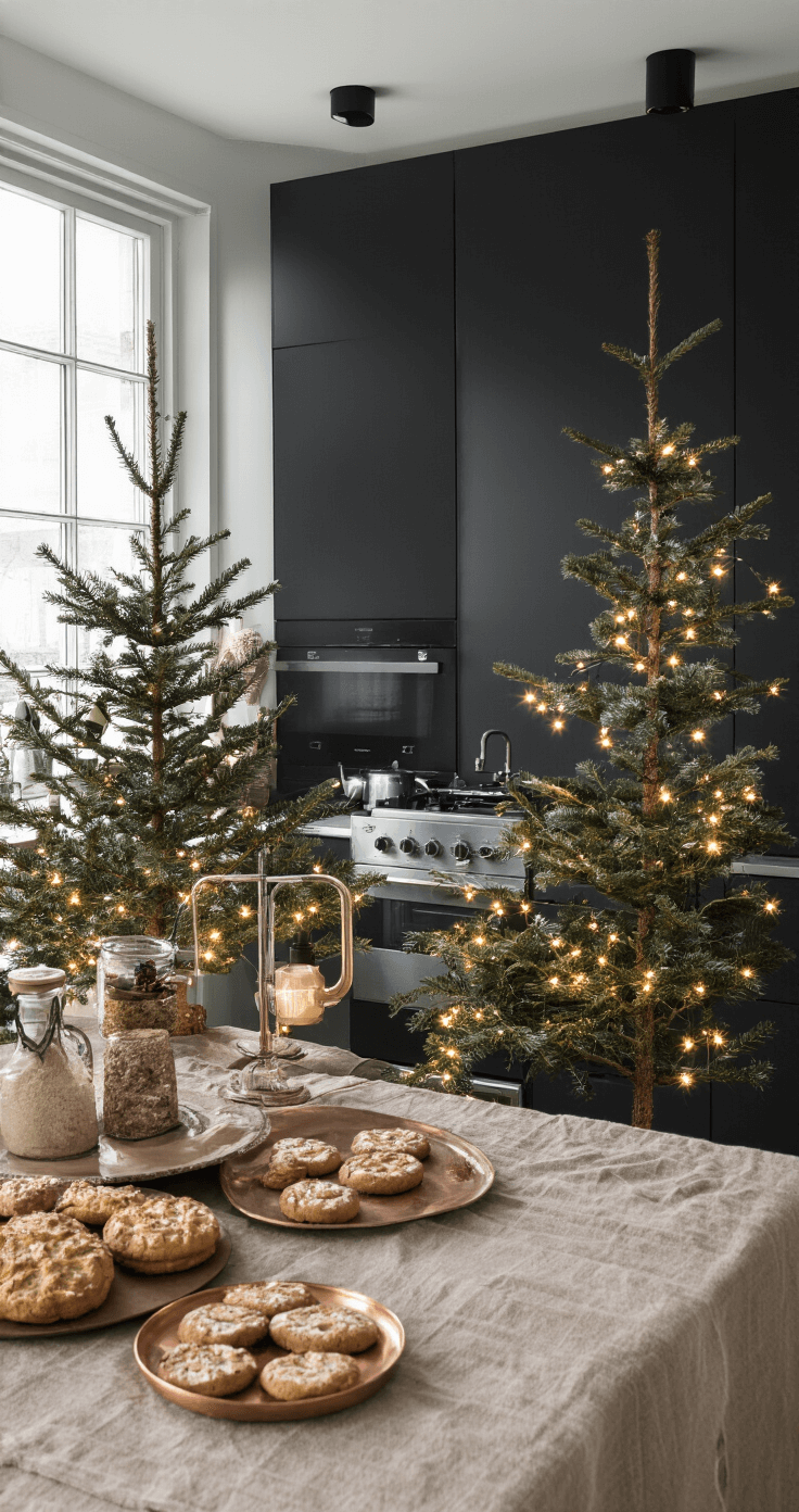 Kerst Thuisdecor: Creëer Een Magische Kerstsfeer in Slechts 2 Uur Moderne keuken in ochtendlicht met matzwarte kasten, terrazzo werkblad en verse koekjes op koperen rekken. Minimalistische kerstboom van houten takken met LED-verlichting en roestvrijstalen apparatuur. Vintage glazen stolpen met handgemaakte peperkoekhuisjes. Keukentextiel in linnen met goudstiksel en natuurlijke decoraties van dennentakken en mandarijnen in betonnen schalen.