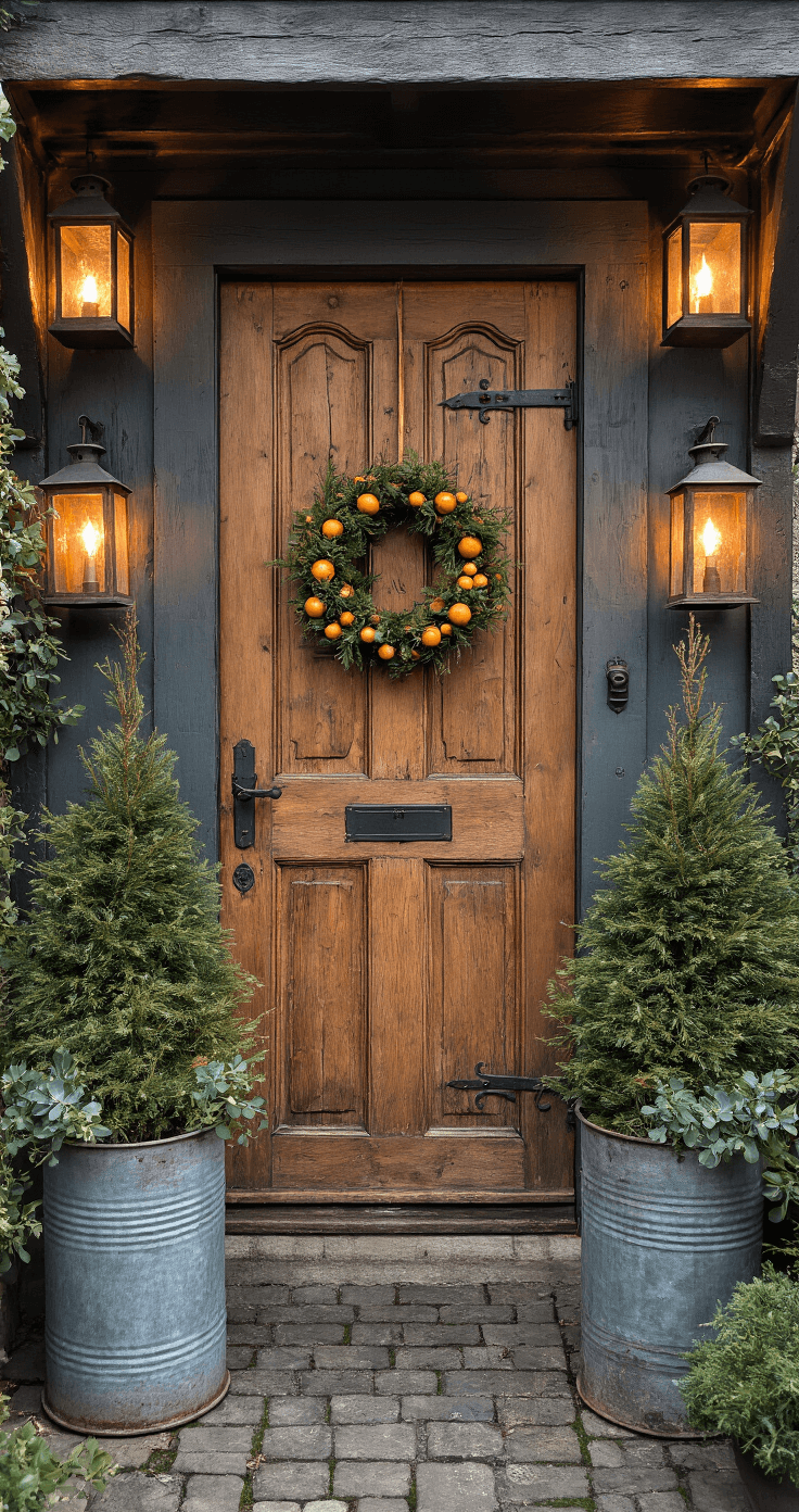 Kerst Thuisdecor: Creëer Een Magische Kerstsfeer in Slechts 2 Uur Rustieke entree met robuuste houten deur, smeedijzeren beslag, lantaarns met kaarsen, handgemaakte kerstkrans van eucalyptus en gedroogde sinaasappels, vintage zinken potten met wintergroene planten, op een houten bank en warme terracotta vloertegels met een vintage loper.