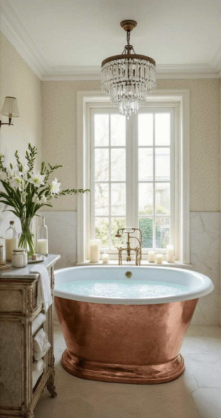Kerst Thuisdecor: Creëer Een Magische Kerstsfeer in Slechts 2 Uur Luxe badkamer met vrijstaand koperen bad onder een kroonluchter, omringd door dimmende kaarsen en vintage decoraties, verlicht door zacht ochtendlicht.