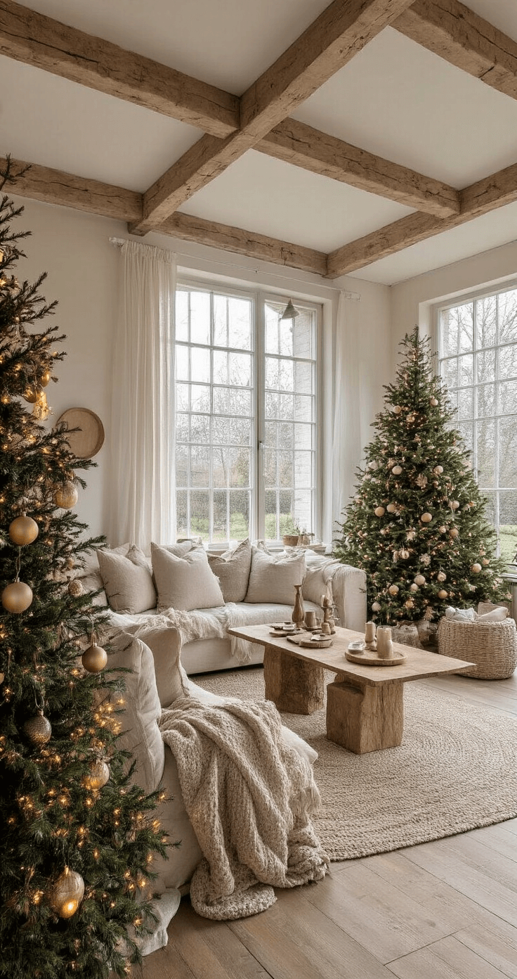Landelijke Kerstversiering: Creëer een Warme en Rustieke Sfeer Ruime woonkamer met authentieke balkenplafond en grote raampartijen, verlicht door winterse namiddaglicht. In het midden staat een hoge natuurlijke dennenboom versierd met houten en jute ornamenten en matte champagnekleurige ballen. Linnen fauteuils in zandtinten omringen een massief eiken salontafel met een handgemaakte adventskrans. Dennenappels en eucalyptustakken liggen decoratief verspreid.