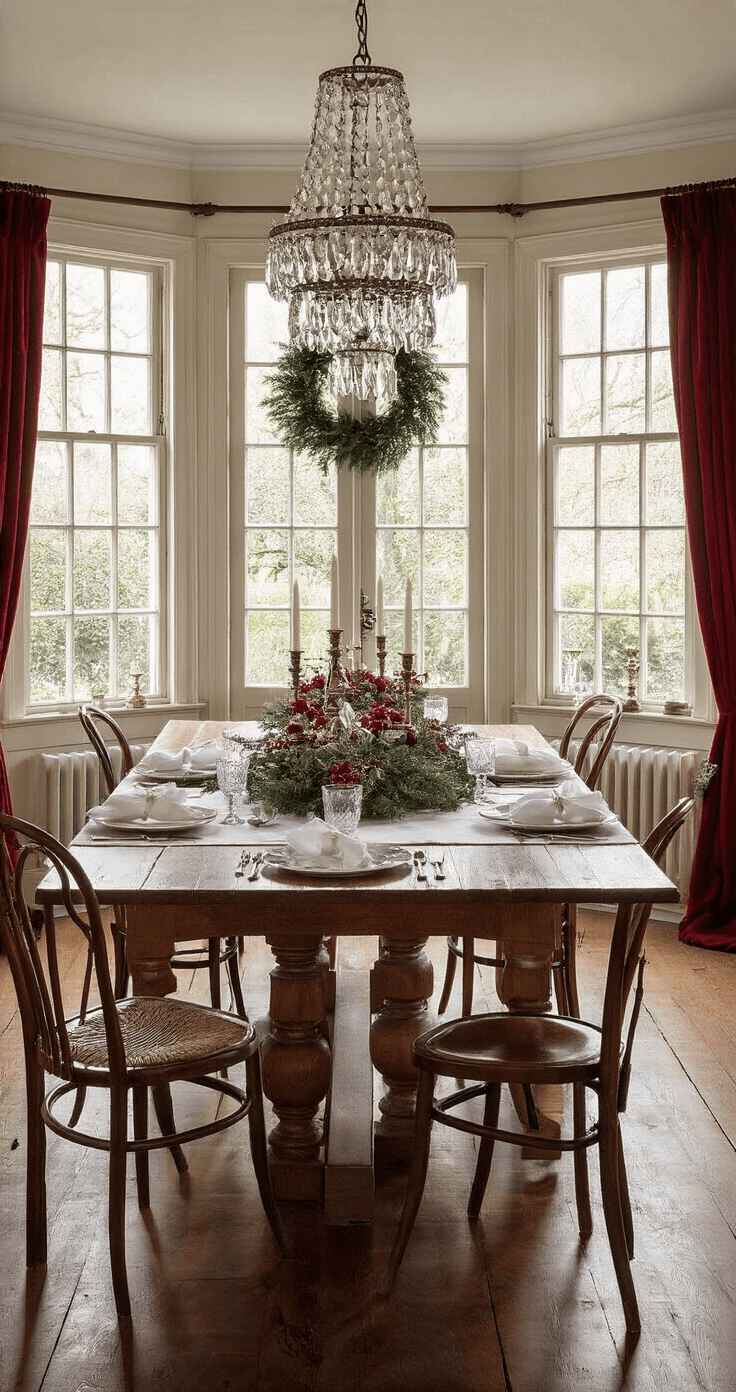 Ultieme Gids voor een Onvergetelijk Kerstdiner: Menu's voor Elk Gezelschap Een sfeervolle Nederlandse eetkamer ingericht voor Kerst, met een massief eiken tafel gedekt met een wit damast tafellaken, kristallen glazen en zilverkleurig bestek. De warme avondverlichting van een kristallen kroonluchter en kaarsen in zilveren kandelaars creëert een intieme ambiance. Franse ramen zijn bedekt met donkerrode fluwelen gordijnen, en een kerststuk met rode en witte bloemen, dennentakken en gouden accenten siert de tafel.