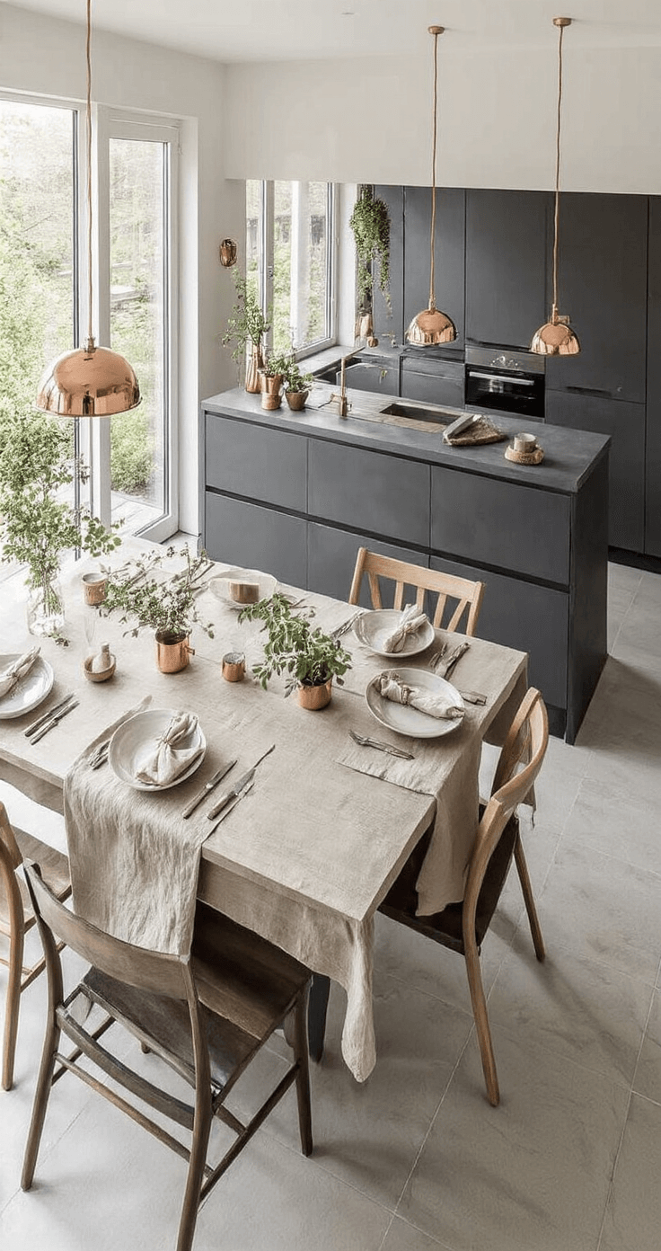 Ultieme Gids voor een Onvergetelijk Kerstdiner: Menu's voor Elk Gezelschap Moderne open keuken-eetkamer met kookeiland, matzwarte keukenkasten, betonlook werkblad en koperen hanglampen, verlicht door middaglicht via grote ramen. Minimalistisch gedekte tafel met linnen servetten in aardetinten en verse kruiden in koperen potten op het eiland.