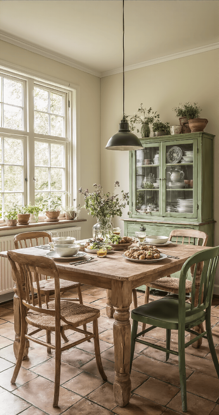 Ultieme Gids voor een Onvergetelijk Kerstdiner: Menu's voor Elk Gezelschap Gezellige landelijke woonkeuken met robuuste houten tafel, mix-match stoelen in groentinten, en een gedekte tafel met vegetarische gerechten. Vintage buffetkast met servies en raambank met winterse kussens. Hangende droogbloemen en kruidenbossen aan de balken, warme middagzon door glas-in-lood ramen.