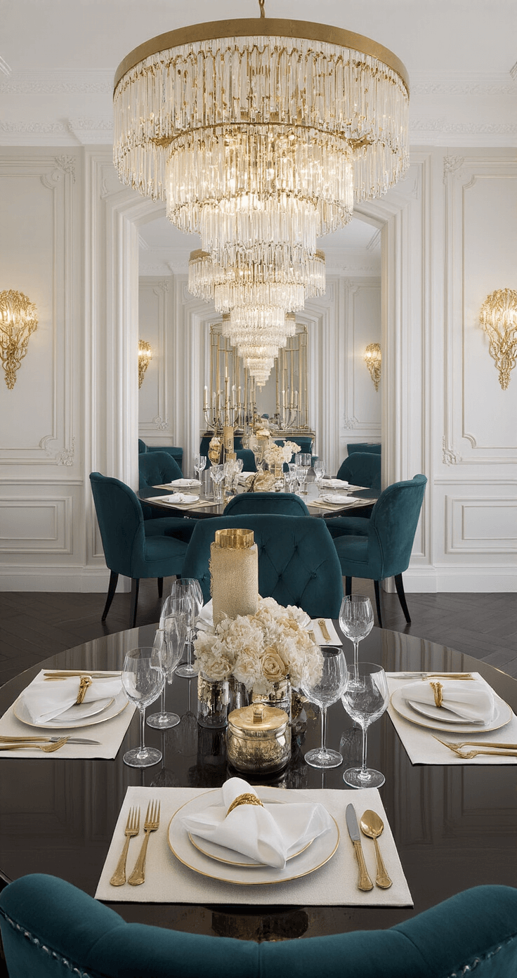 Ultieme Gids voor een Onvergetelijk Kerstdiner: Menu's voor Elk Gezelschap Luxe eetkamer met art deco elementen, hoogglans eettafel, diep petrol fluwelen stoelen, gouden spiegels en wandornamenten, kristallen wijnglazen die avondlicht vangen, donkere houten vloer met Perzisch tapijt, strakke witte servetten met gouden ringen, gezien vanuit dramatisch laag standpunt.