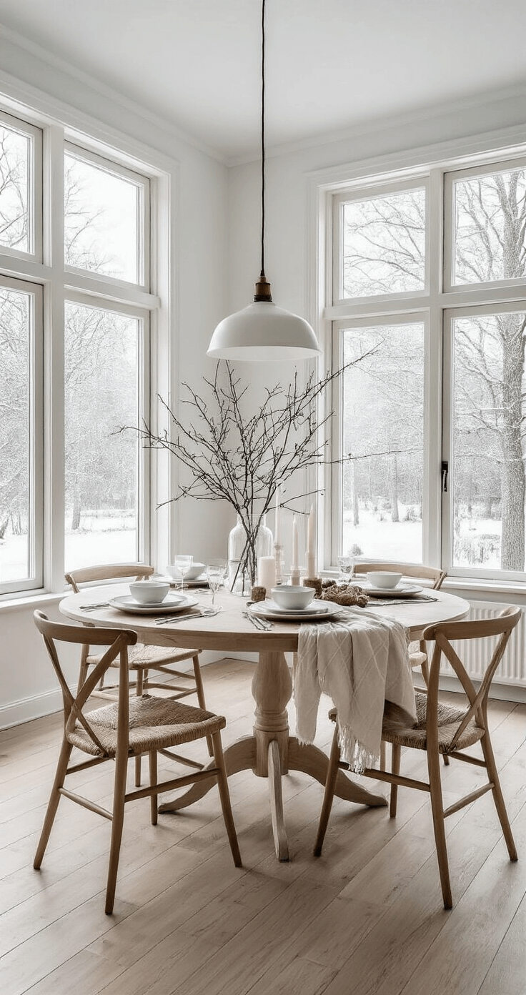 Ultieme Gids voor een Onvergetelijk Kerstdiner: Menu's voor Elk Gezelschap Lichte Scandinavische eetkamer met witte muren en een licht eiken vloer, grote ramen die uitkijken op een besneeuwd landschap. Ronde tafel met natuurlijke linnen loper en witte kaarsen in glazen houders, omringd door winterse takken in vazen. Vroeg ochtendlicht zorgt voor een luchtige sfeer.