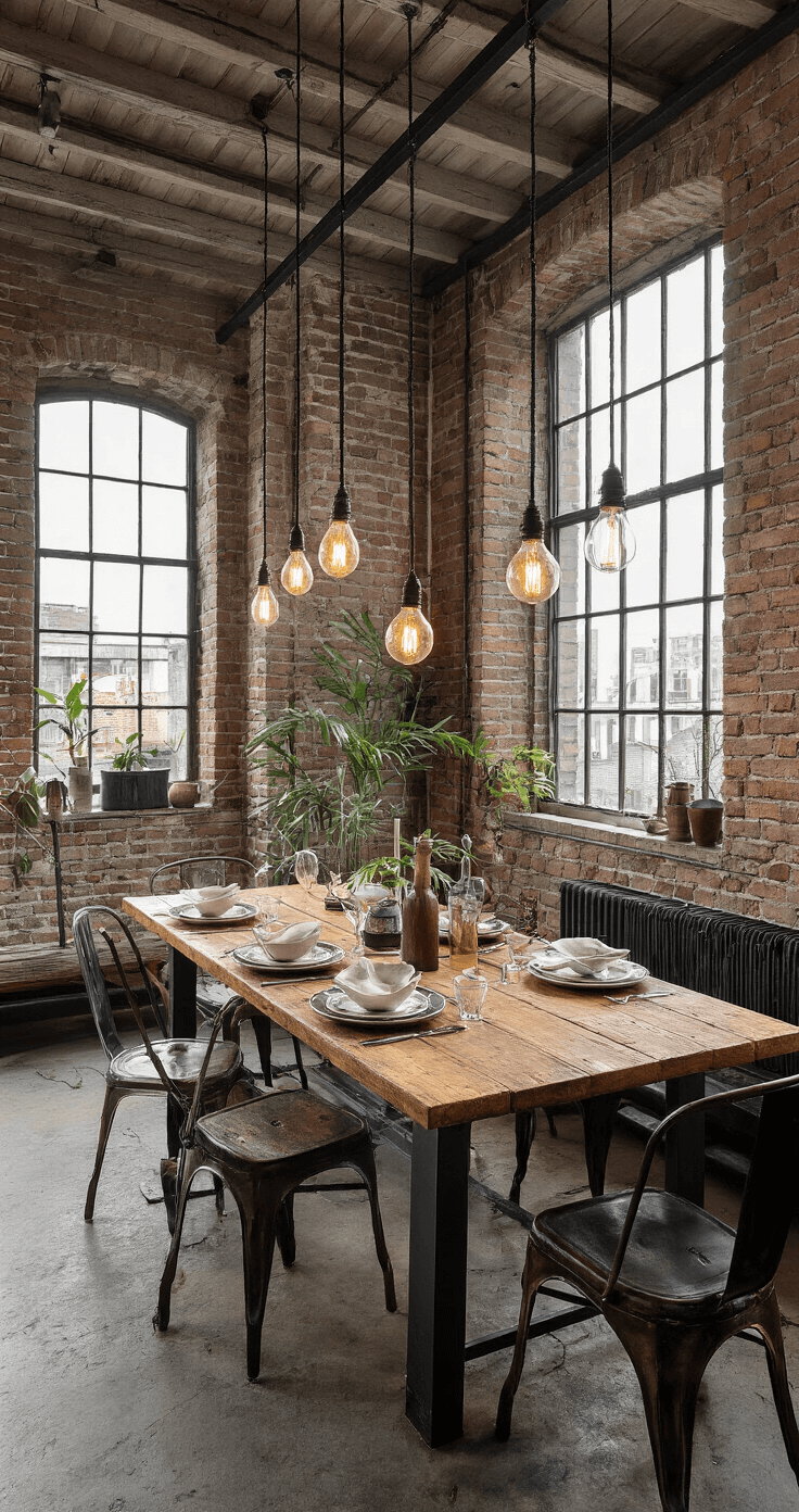 Ultieme Gids voor een Onvergetelijk Kerstdiner: Menu's voor Elk Gezelschap Industriële loft-eetkamer met bakstenen muur en stalen kozijnen, lange houten tafel op zwart metalen onderstel, Edison-bulb hanglampen, vintage en modern servies, en urban jungle elementen, gefotografeerd tijdens avondschemering.