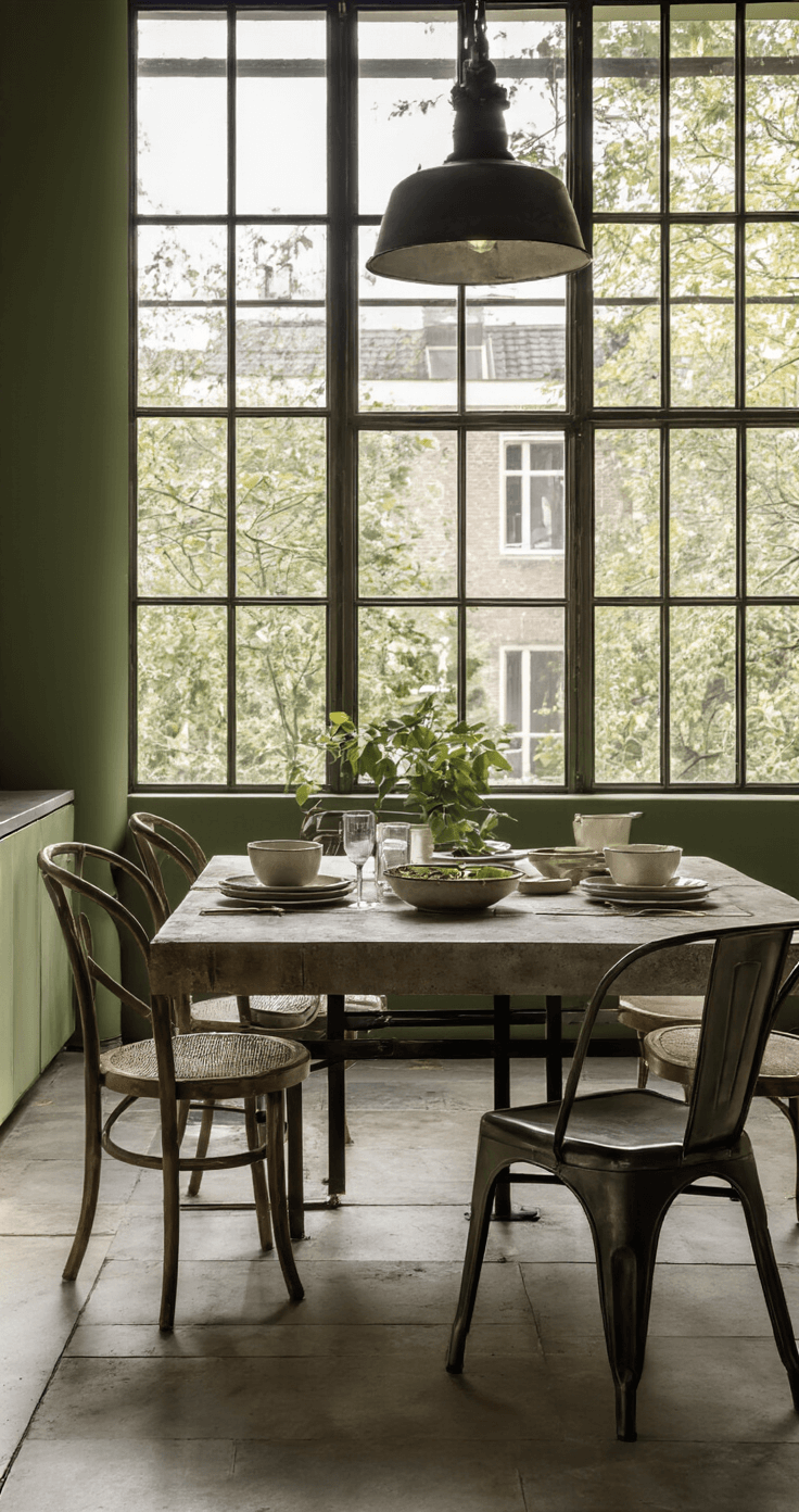 Compacte eetkamer met industrieel stalen raamkozijnen, geometrische schaduwen en een robuuste eettafel, gedekt met handgemaakt keramisch servies in zachtgrijs en crème. Vintage industriële hanglamp verlicht de ruimte met dramatisch avondlicht tegen een olijfgroene muur.