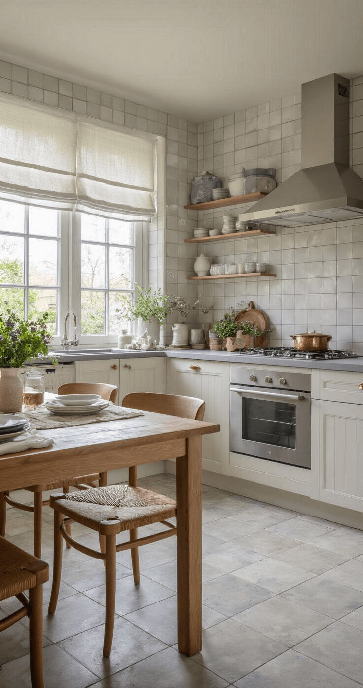 Moderne keuken met betonnen werkblad en eiken details, verlicht door middaglicht dat door linnen gordijnen filtert. Open planken tonen keramisch serviesgoed in wit, grijs en oceaanblauw. Marmeren tegels en koperen accenten completeren de sfeer, met verse kruiden in keramische potten. Lichte vogelperspectief.
