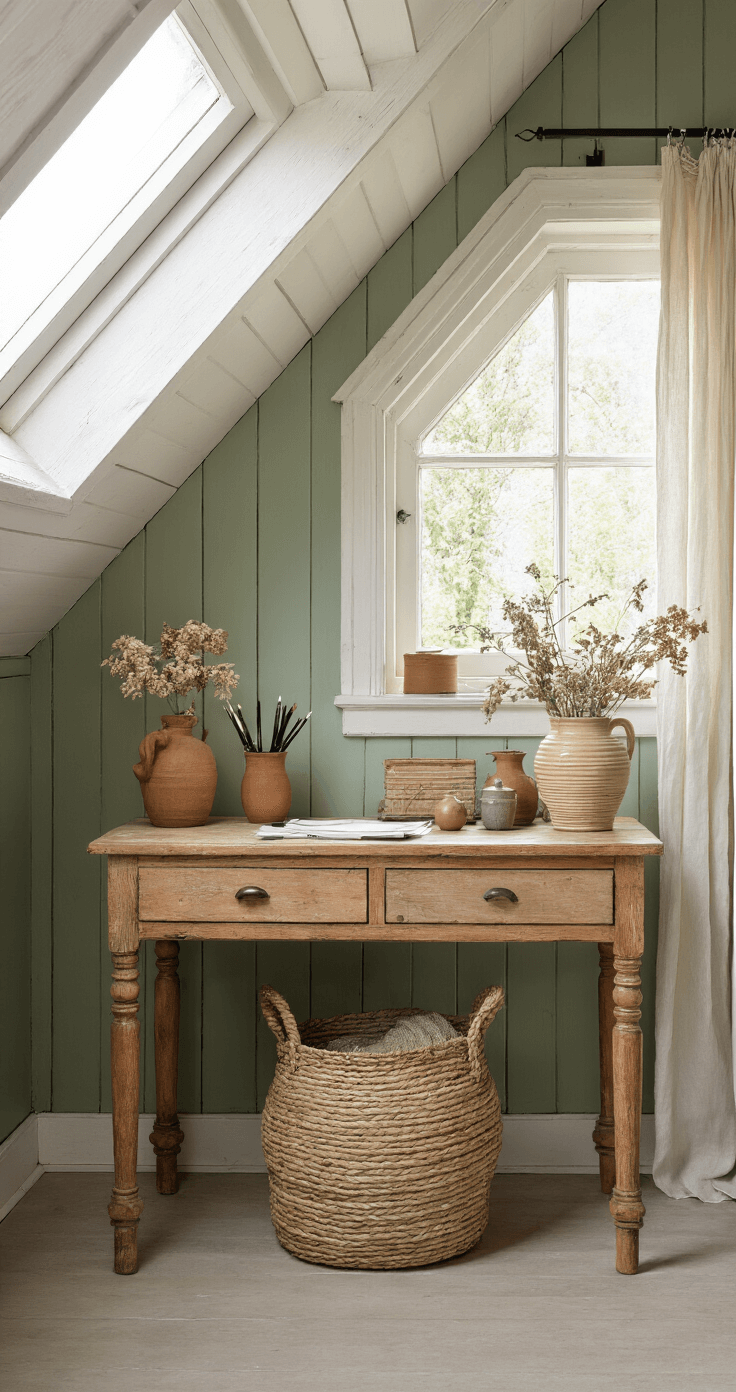 Rustieke thuiswerkplek op zolder met een vintage bureau, keramische accessoires en zachte groene lambrisering, verlicht door noorderlicht.
