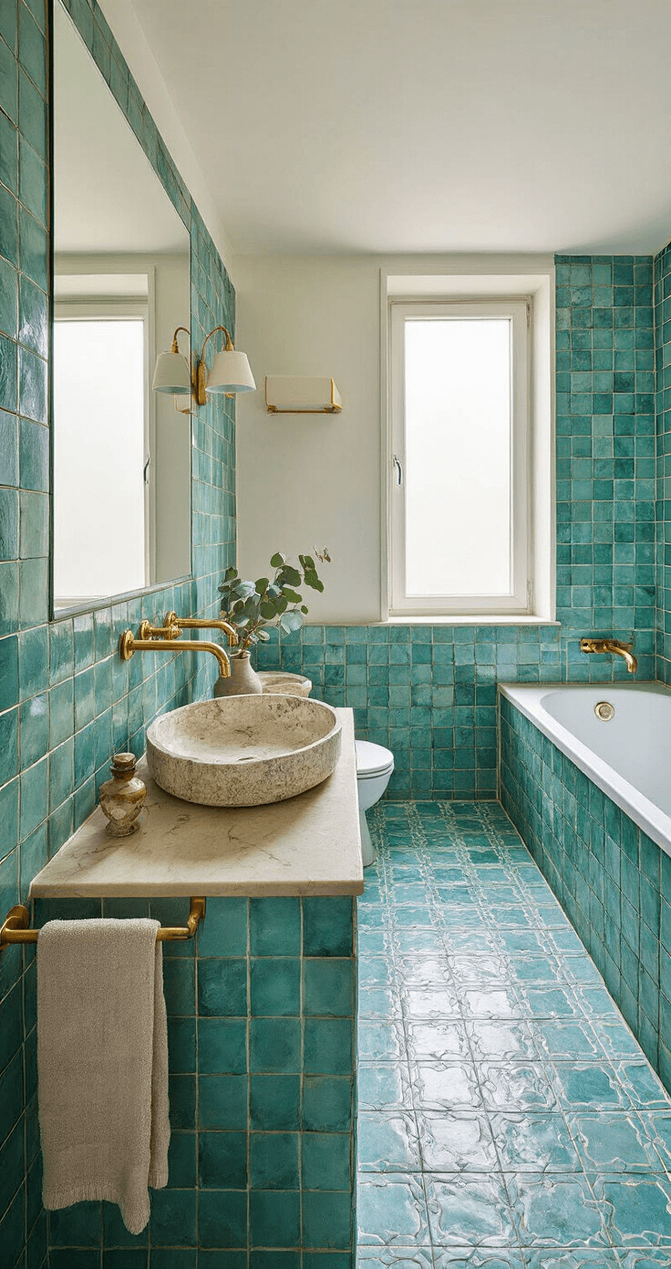 Luxe badkamer van 4x5m met vrijstaand bad, handgemaakte Marokkaanse keramische tegels in zeegroen en turquoise, natuurstenen wastafel met parelmoer glazuur accessoires, gouden kranen, en eucalyptustakken in een matte vaas. Symmetrische frontale compositie met gedimde spotverlichting voor een spa-achtige en ontspannen sfeer.
