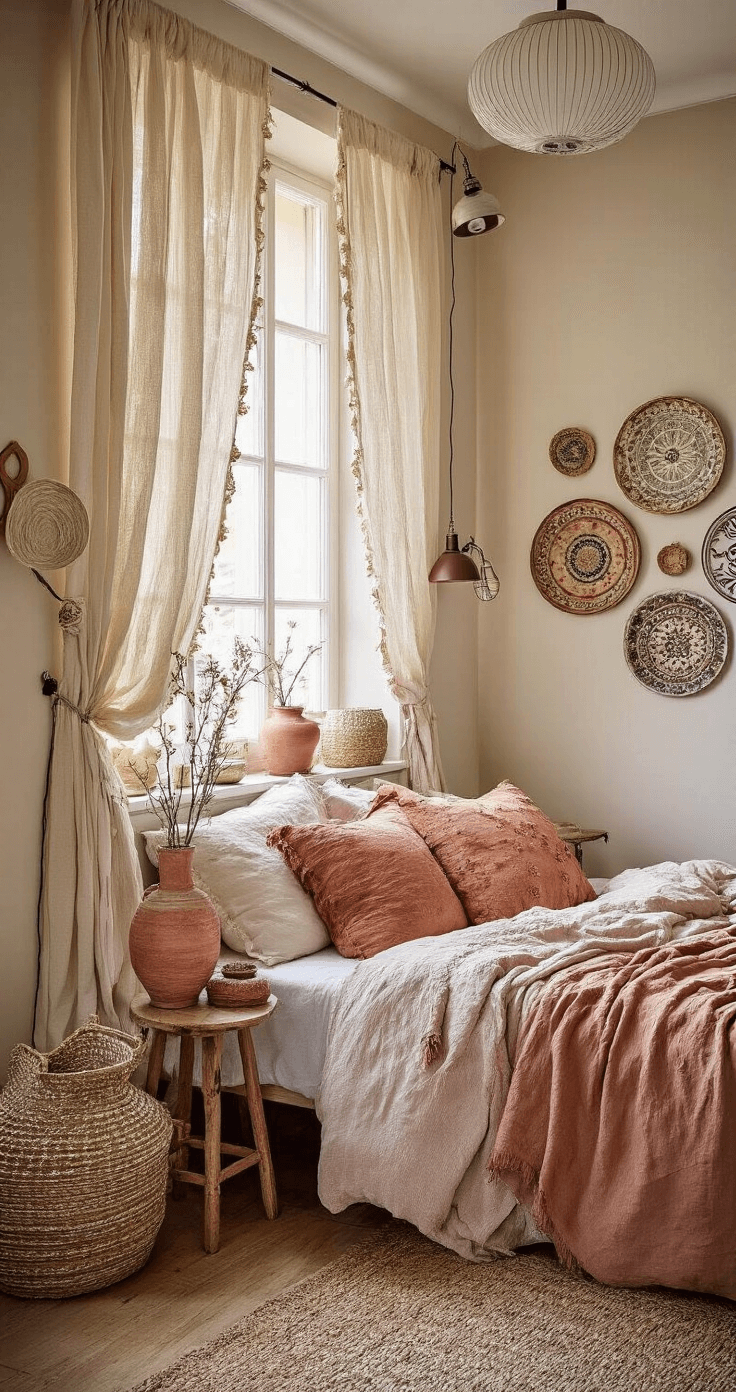 Bohemian slaapkamer met vintage details, avondzon door kanten gordijnen, keramische nachtkastjes, handgeweven sprei en sierkussens in terracotta en roze, verzameling keramische wandborden, laag standpunt richting bed, warm avondlicht en accentverlichting, romantische en persoonlijke sfeer.
