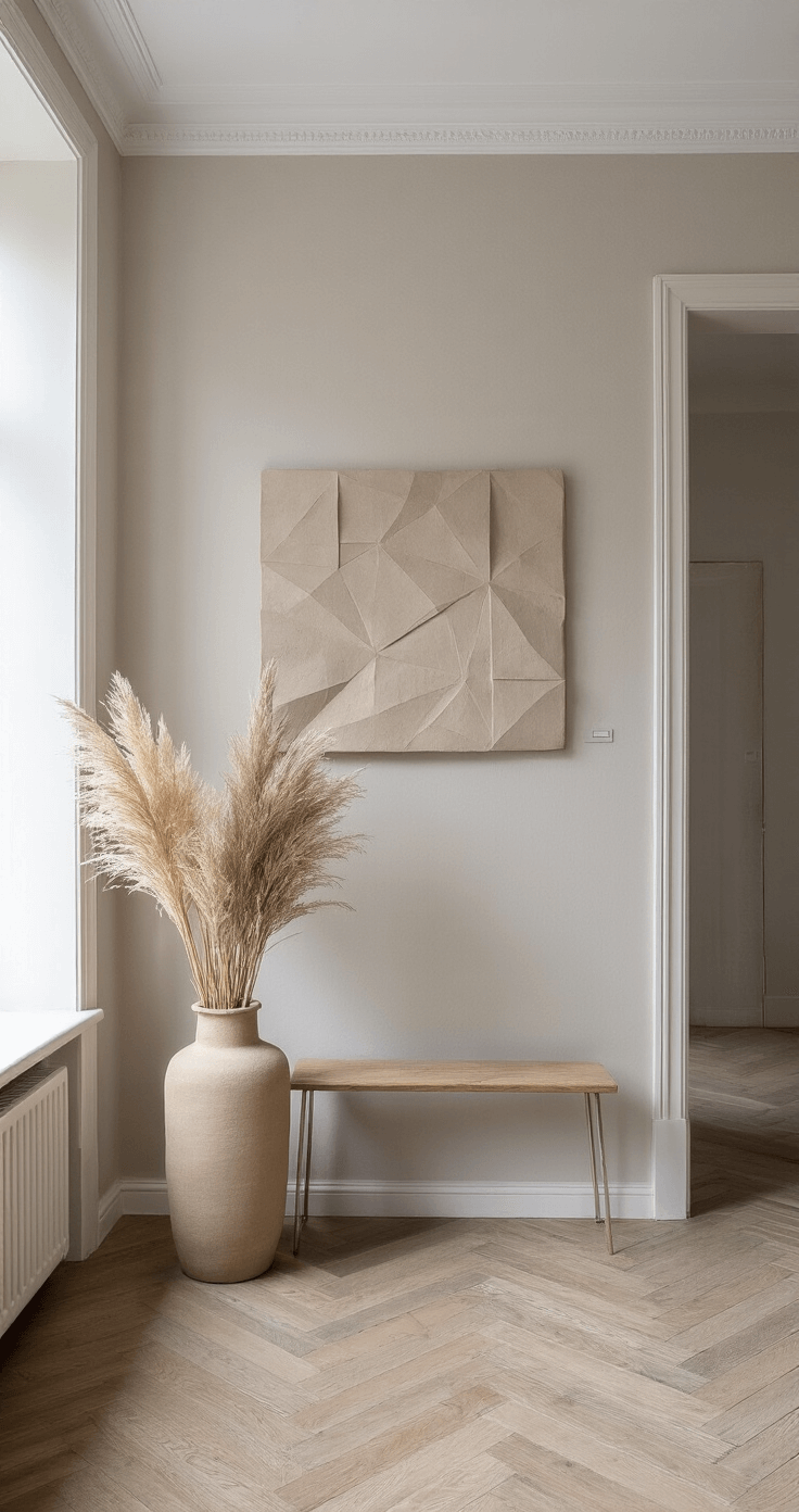 Minimalistische entreehal met hoog plafond, featuring een grote keramische vloervaas met pampasgras, geometrische wandsculptuur in zandtinten, visgraat eiken vloer en messing kapstok, gefotografeerd vanuit een dramatisch perspectief omhoog met gerichte spotverlichting.