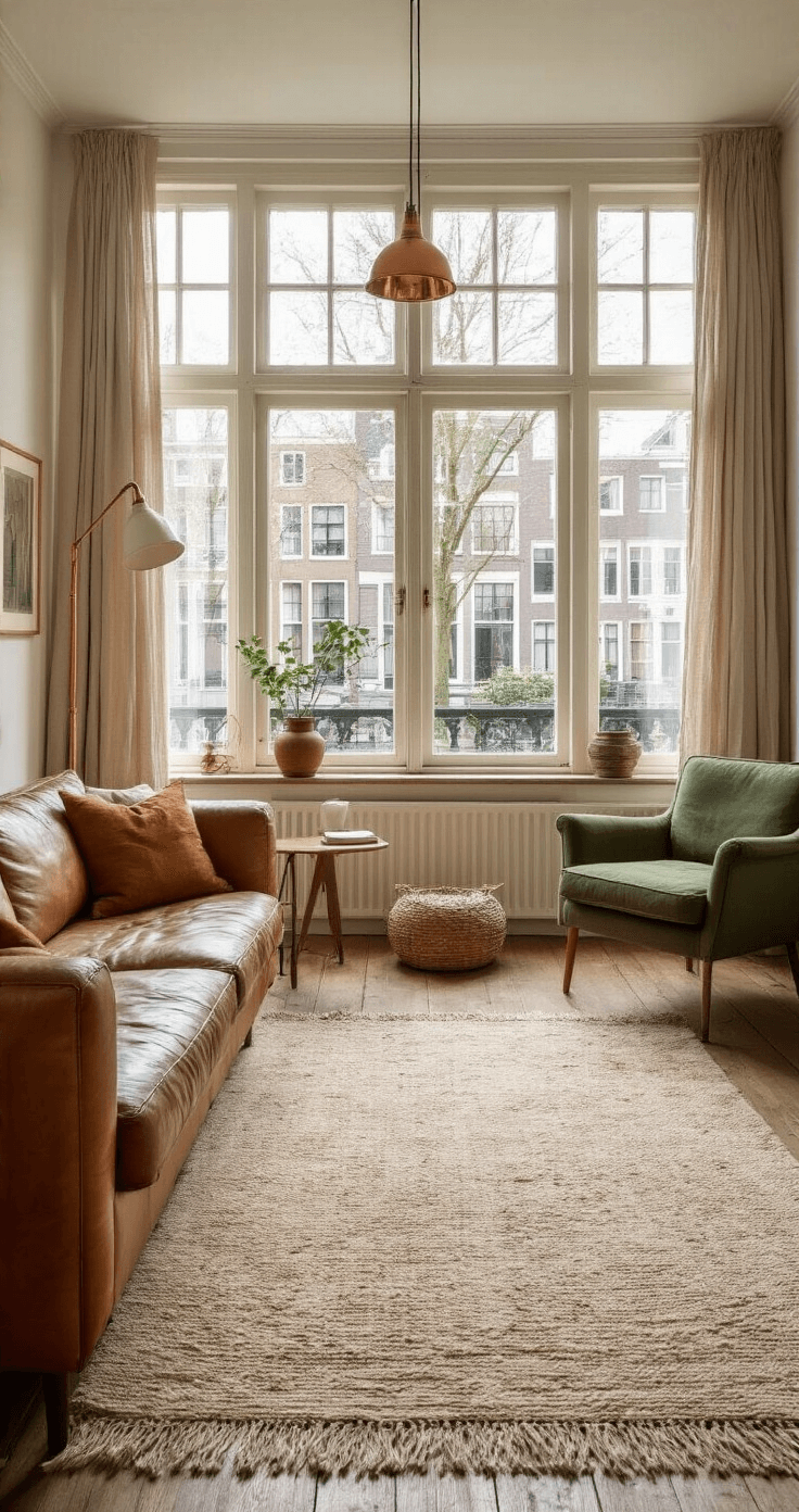Het Ultieme Grote Vloerkleed: Jouw Gids naar een Stijlvolle Woonomgeving Ruime Amsterdamse woonkamer met grote raampartijen, een beige wollen vloerkleed met geometrisch patroon, een cognackleurige leren bank en twee mosgroene vintage fauteuils. Een koperen vloerlamp zorgt voor warm licht, met accessoires in aardetinten. Beeld genomen vanuit ooghoogte in diagonale richting van de ramen voor diepte.