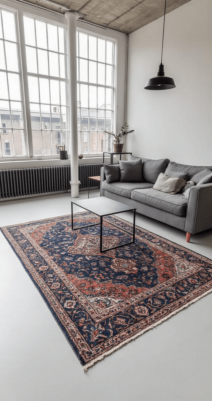 Het Ultieme Grote Vloerkleed: Jouw Gids naar een Stijlvolle Woonomgeving Industriële loft-woning met betonnen plafond, gietvloer en industriële stalen kozijnen die de ochtendzon binnenlaten. Een donkerblauw vintage Perzisch tapijt definieert de zithoek met een minimalistische grijze hoekbank en zwarte metalen bijzettafels. Design hanglamp accentueert het contrast tussen licht en schaduw vanuit een verhoogd standpunt.