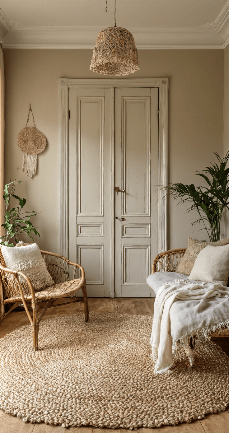 Het Ultieme Grote Vloerkleed: Jouw Gids naar een Stijlvolle Woonomgeving Een knusse jaren '30 woonkamer met en-suite deuren, zacht middaglicht en lange schaduwen. Een handgeknoopt juten vloerkleed met franjes, rotan fauteuil en linnen bank. Veel planten, messing details en een macramé wandhanger. Laag standpunt gericht op de en-suite deuren, met een warme, intieme sfeer.