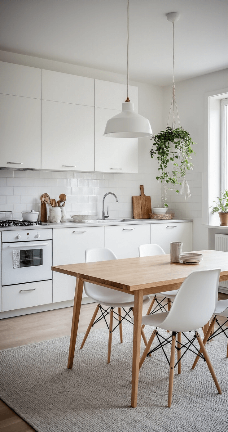 Het Ultieme Grote Vloerkleed: Jouw Gids naar een Stijlvolle Woonomgeving Moderne Scandinavische woonkeuken met witte hoogglans elementen en ochtendlicht dat weerkaatst op oppervlakken. Lichtgrijs hoogpolig vloerkleed onder eiken eettafel met Eames stoelen, hangplanten en keramische accessoires. Gezien vanaf het keukeneiland naar de eethoek in helder, schoon daglicht.