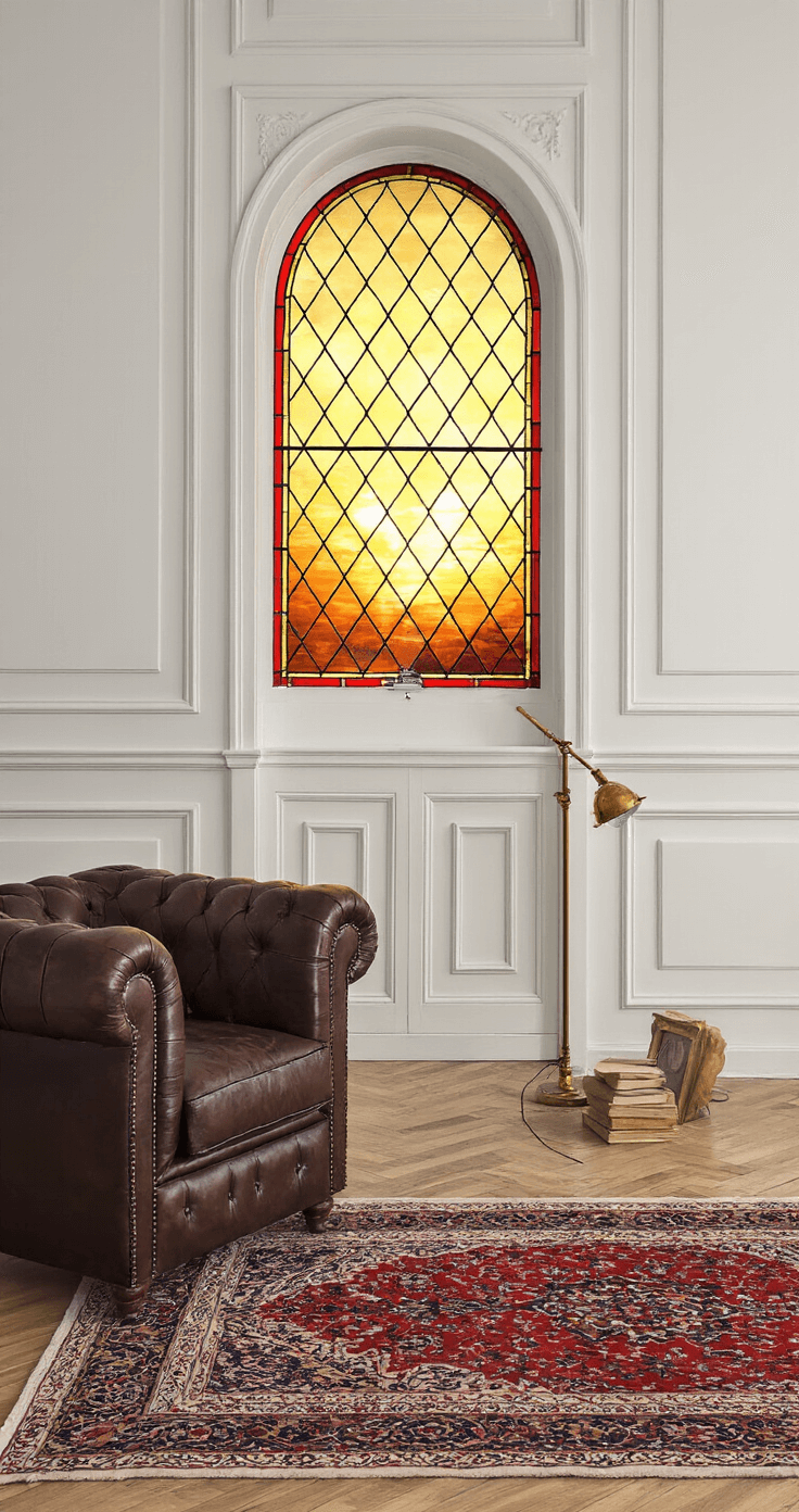 Het Ultieme Grote Vloerkleed: Jouw Gids naar een Stijlvolle Woonomgeving Klassieke herenkamer met lambrisering en visgraat parket, verlicht door gouden avondzon door glas-in-lood, met een antiek Oosters tapijt in dieprood, een Chesterfield fauteuil, een gevulde boekenkast en een koperen vloerlamp, gefotografeerd vanaf de deuropening met dramatisch zijlicht.
