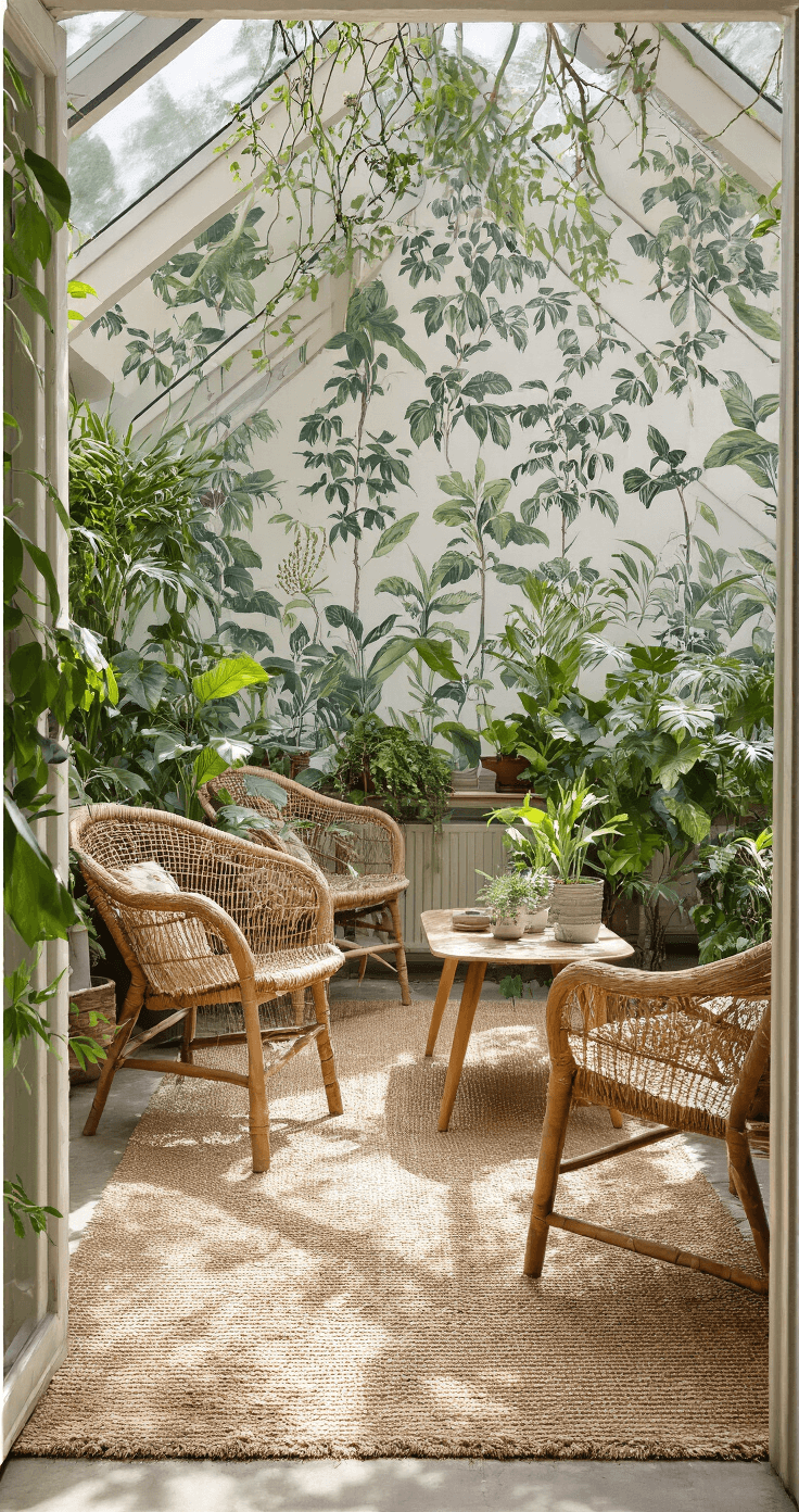 Het Ultieme Grote Vloerkleed: Jouw Gids naar een Stijlvolle Woonomgeving Zonnige serre met plantenmotief behang, middaglicht door het glazen dak, natuurlijk sisal vloerkleed met katoenen rand, rieten loungestoelen, vintage salontafel en weelderige planten, gezien vanuit een laag standpunt richting de tuin.