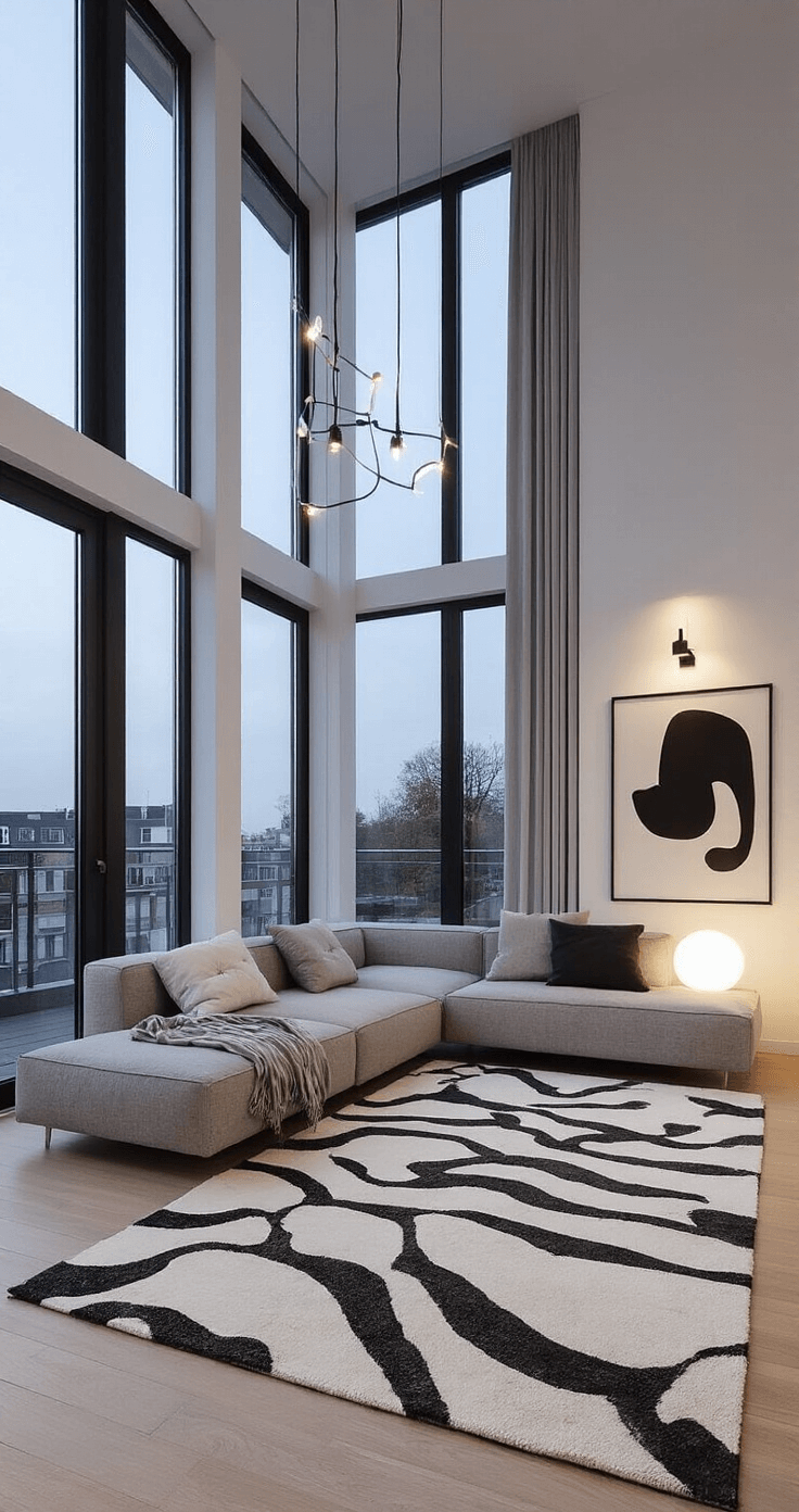 Het Ultieme Grote Vloerkleed: Jouw Gids naar een Stijlvolle Woonomgeving Minimalistisch appartement met vide in avondschemering, grote ramen, zwart-wit grafisch vloerkleed als statement piece, modulaire bank in greige, abstracte wandkunst en designverlichting, gefotografeerd vanuit de vide met focus op texturen.