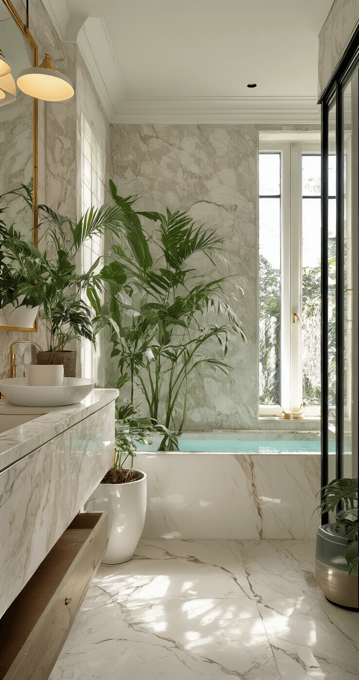 Binnenpotten: De Ultieme Gids voor Gezonde Kamerplanten Luxe badkamer van 5x6 meter met marmeren details, tropische planten in witte hoogglans potten met verborgen drainage, diffuus licht door een matglazen raam, zijwaarts perspectief met spiegelreflecties, kleurenpalet van marmer-wit, diepgroen, geborsteld goud en parelmoer.