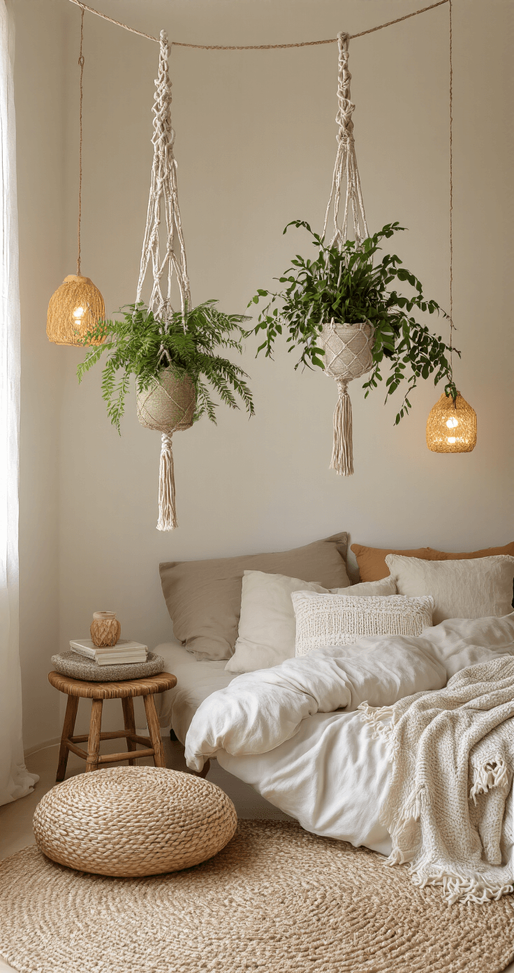 Binnenpotten: De Ultieme Gids voor Gezonde Kamerplanten Bohemian slaapkamer van 4x4m met macramƩ plantenhangers en varens in lichte plastic potten, verlicht met warmgele accenten in schemerlicht, genomen vanuit een Dutch angle. Kleurenpalet van ecru, zeegroen, roestbruin en roomwit.