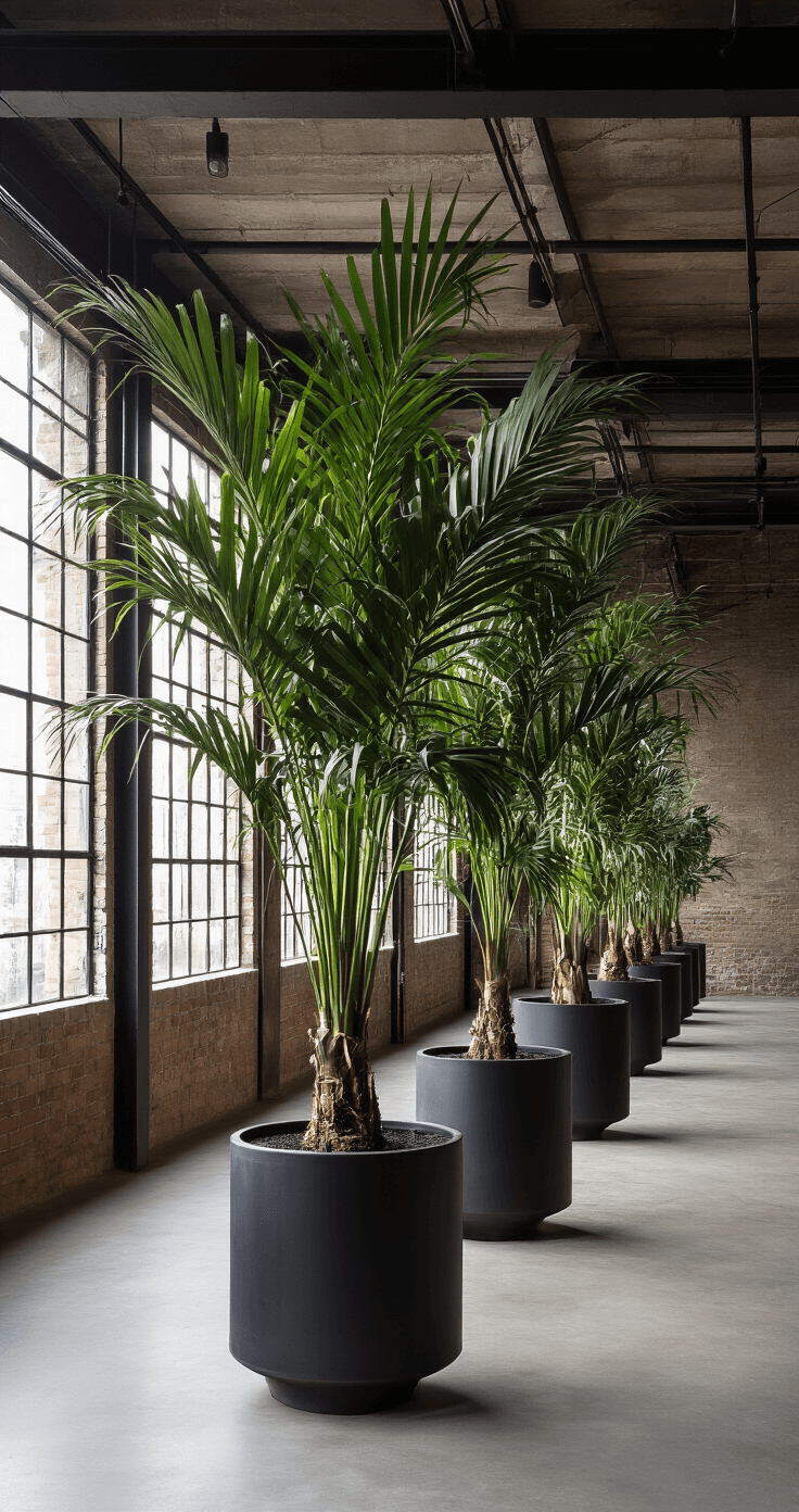 Binnenpotten: De Ultieme Gids voor Gezonde Kamerplanten Industriƫle loft met betonnen muren, grote palmen in zwarte metalen plantenbakken, en dramatisch avondlicht vanuit dakramen, in een kleurenpalet van betongrijs, matzwart, junglegroen en roestbruin.