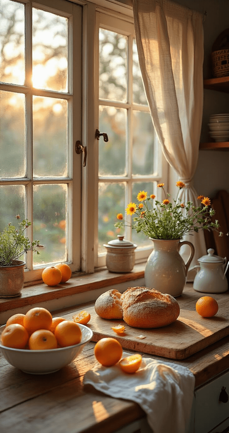 Zelfgemaakte Kerstversiering: Creatief, Persoonlijk en Budgetvriendelijk Intieme close-up van een Nederlandse keuken met sinaasappelschijfjes op een rustiek houten werkblad, omringd door vintage keramische kommen en een antiek broodmes. De vroege ochtendzon filtert door vitrage gordijnen, waardoor warme amber tinten en een huiselijke sfeer ontstaan.
