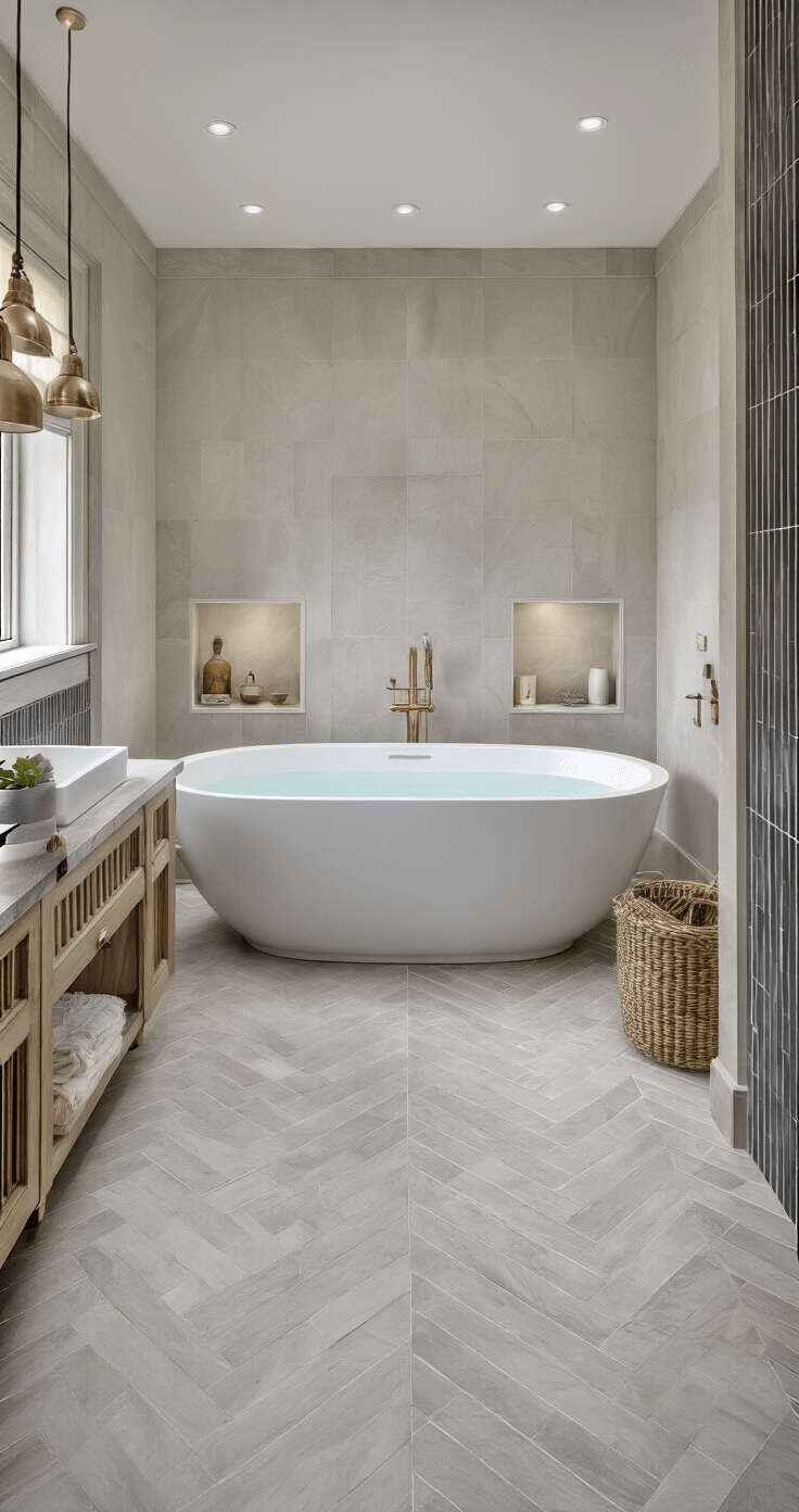 Luxe hotelbadkamer met vrijstaand ovalen bad, dubbele wastafel in wit marmer, grijze natuurstenen vloer en messing accessoires, verlicht door inbouwspots in zacht ochtendlicht.